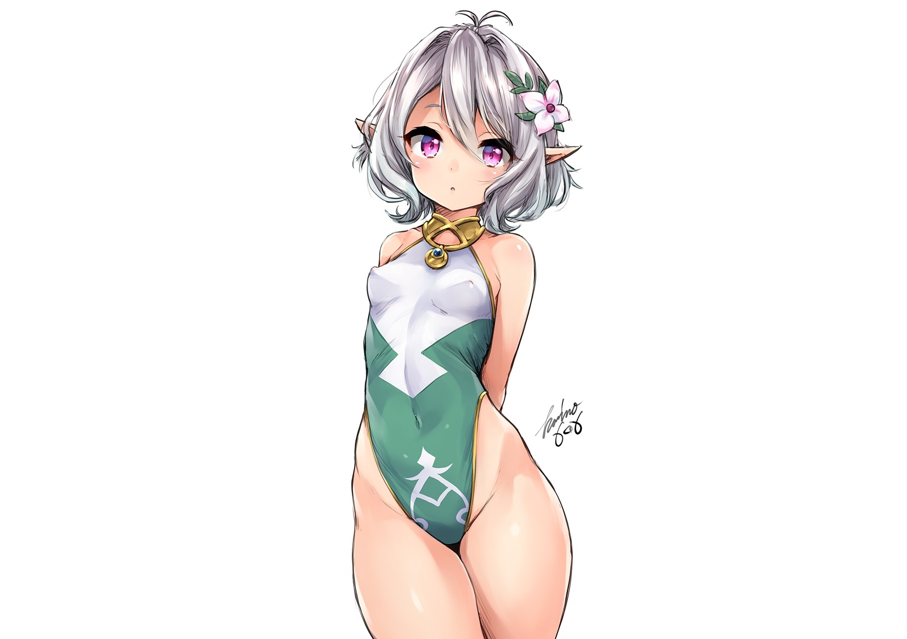 Anime 1828x1288 Princess Connect Re:Dive gray hair purple eyes pointy ears blushing loli thighs anime Kokkoro (Princess Connect)