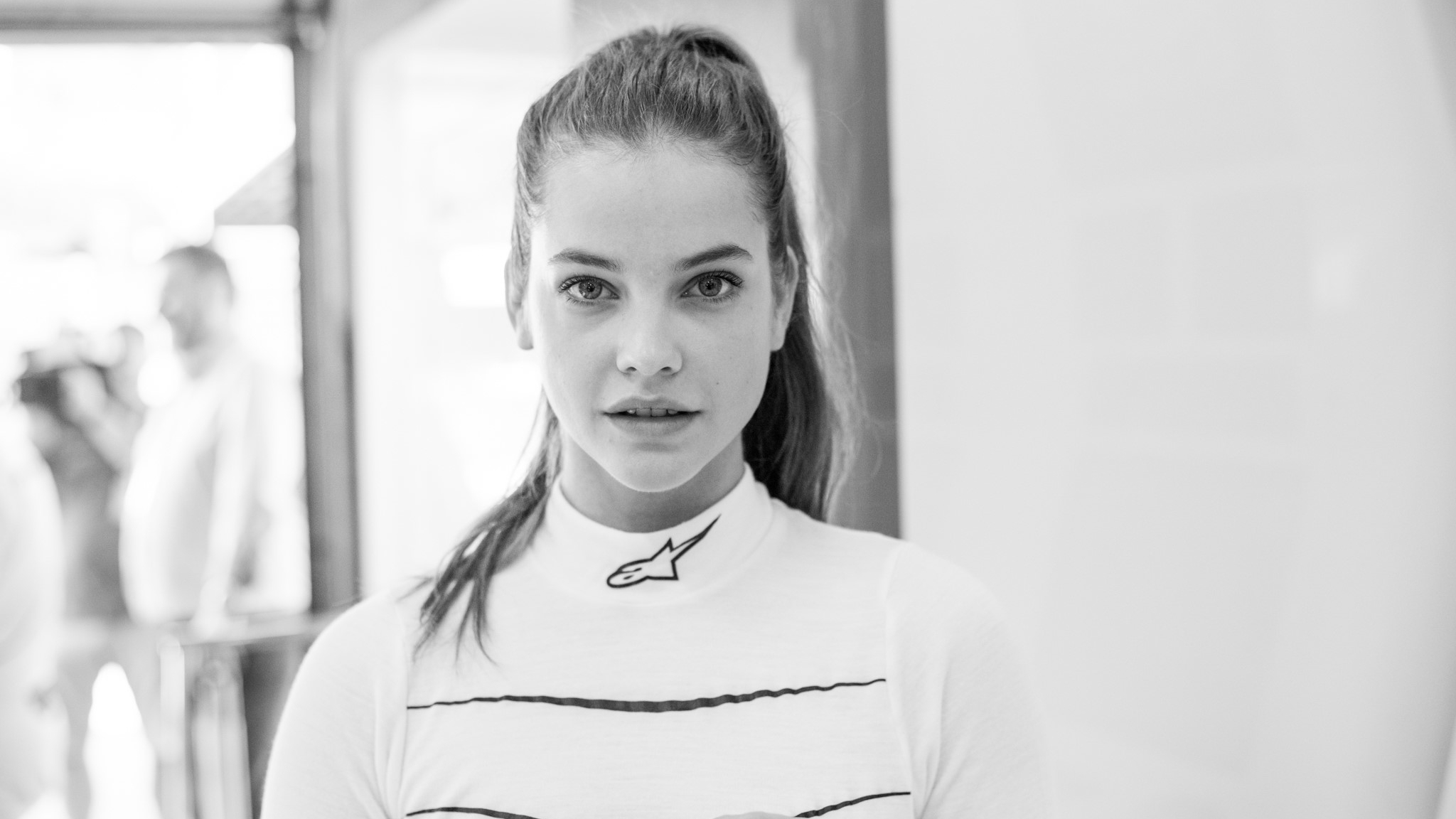 People 2048x1152 Barbara Palvin model women monochrome ponytail celebrity looking at viewer