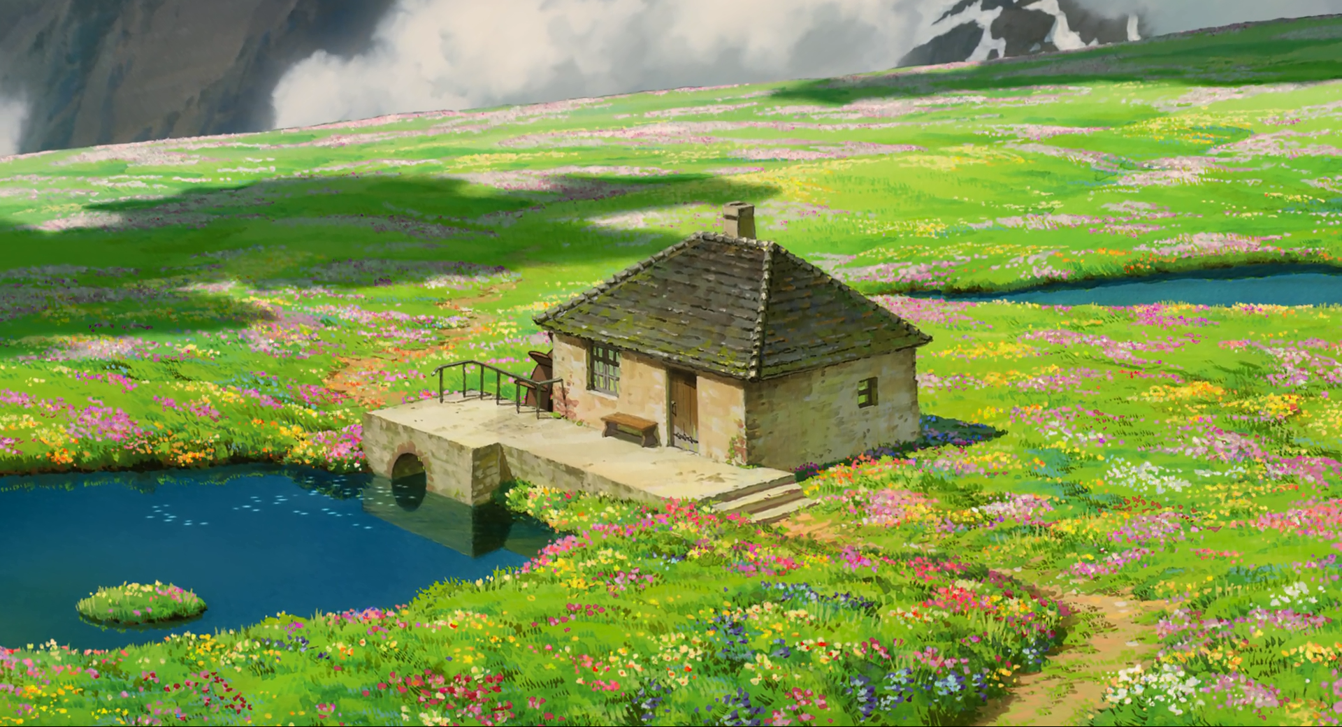 Anime 1920x1040 Howl's Moving Castle house anime water nature flowers drawing landscape