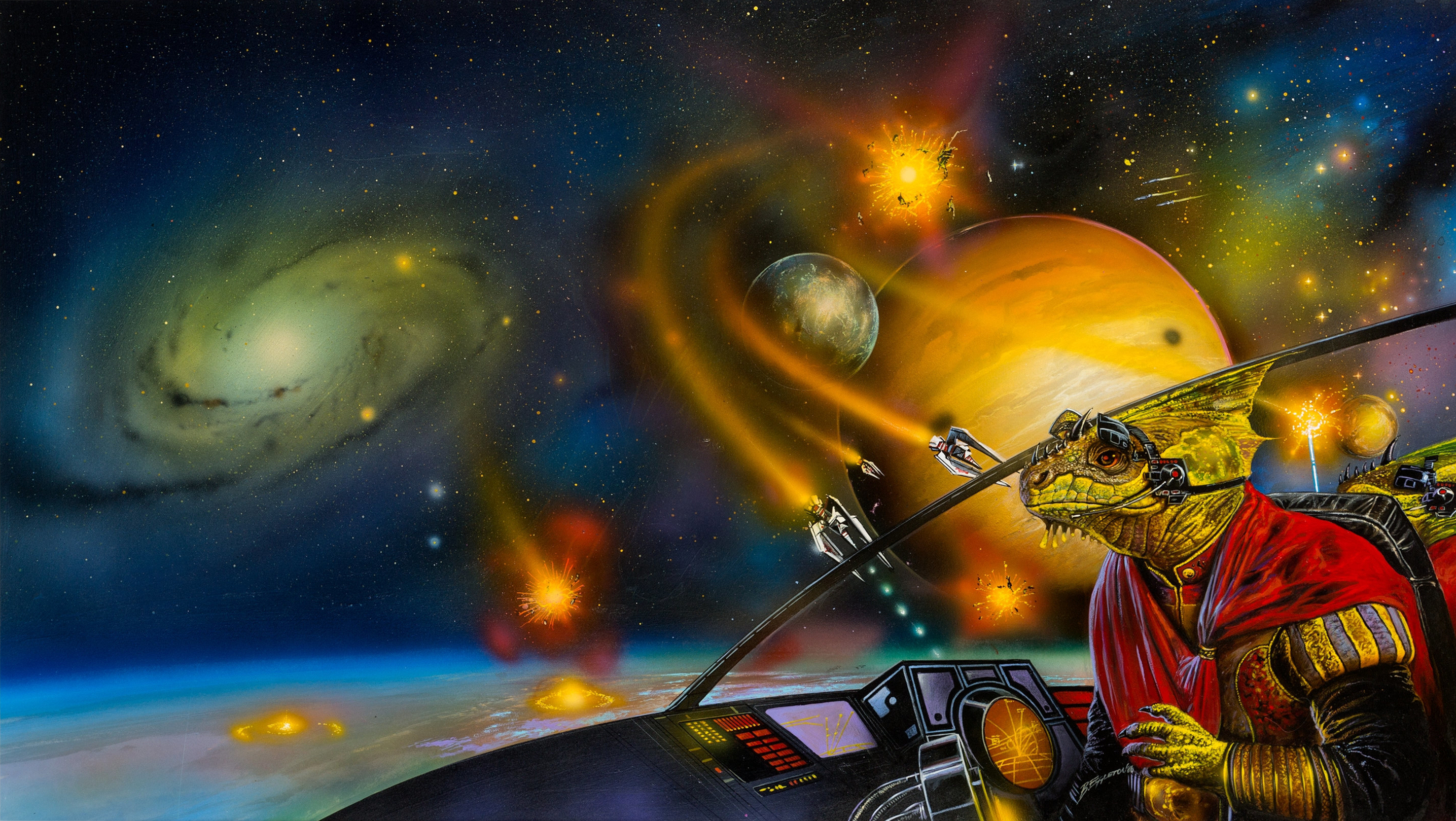 General 2871x1619 Bob Eggleton science fiction Pulp Magazine Laser Lords planet Moon galaxy Lizardmen space battle painting
