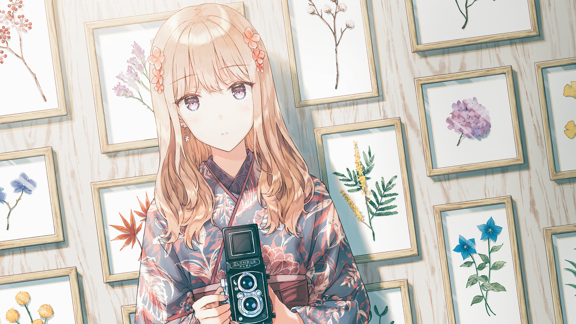 Anime 1920x1080 anime anime girls looking at viewer Hiten Japanese clothes kimono camera blonde