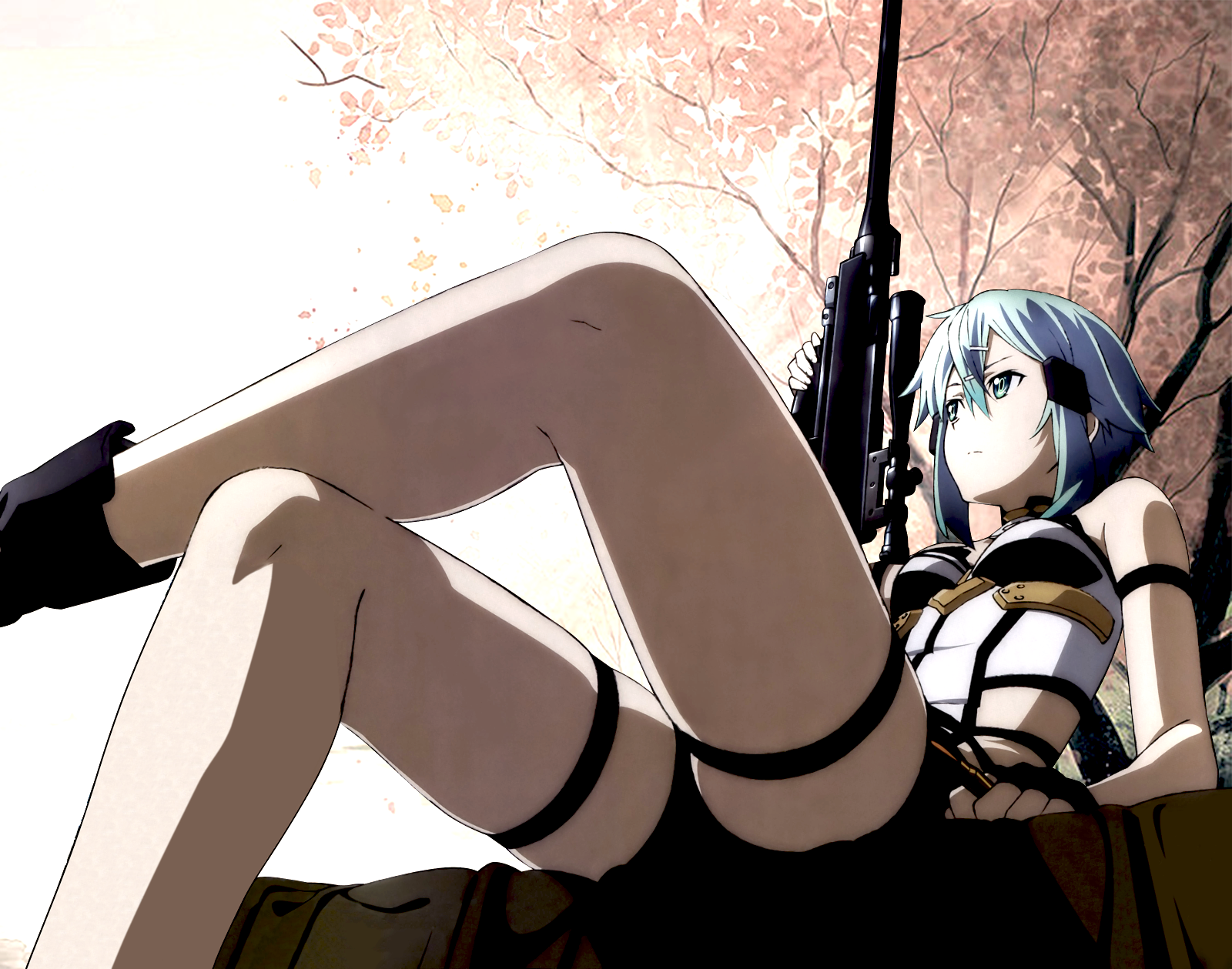 Anime 1600x1259 Sword Art Online anime anime girls sniper rifle legs crossed weapon legs