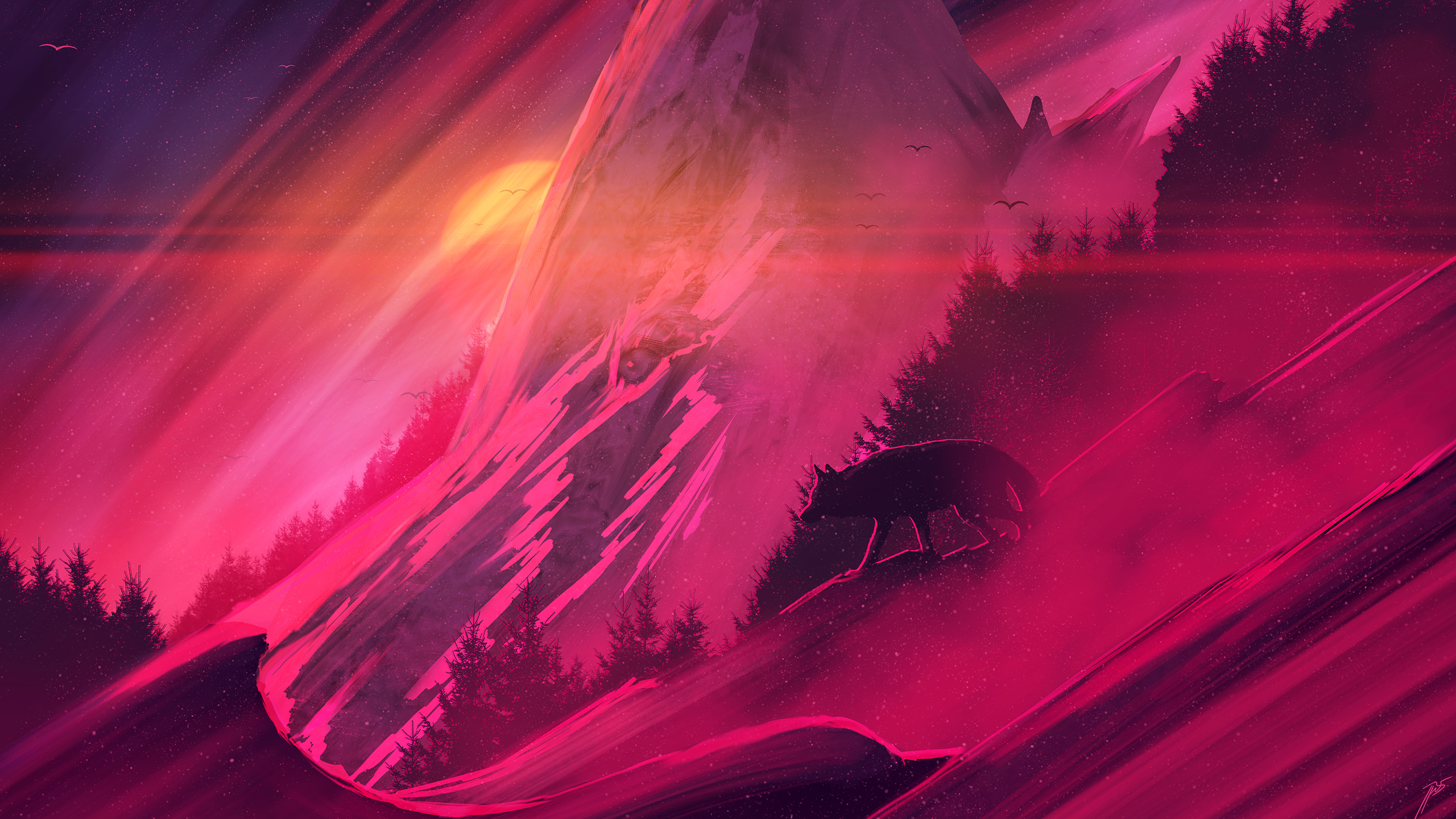 General 2560x1440 JoeyJazz wolf animals abstract red pink mountains
