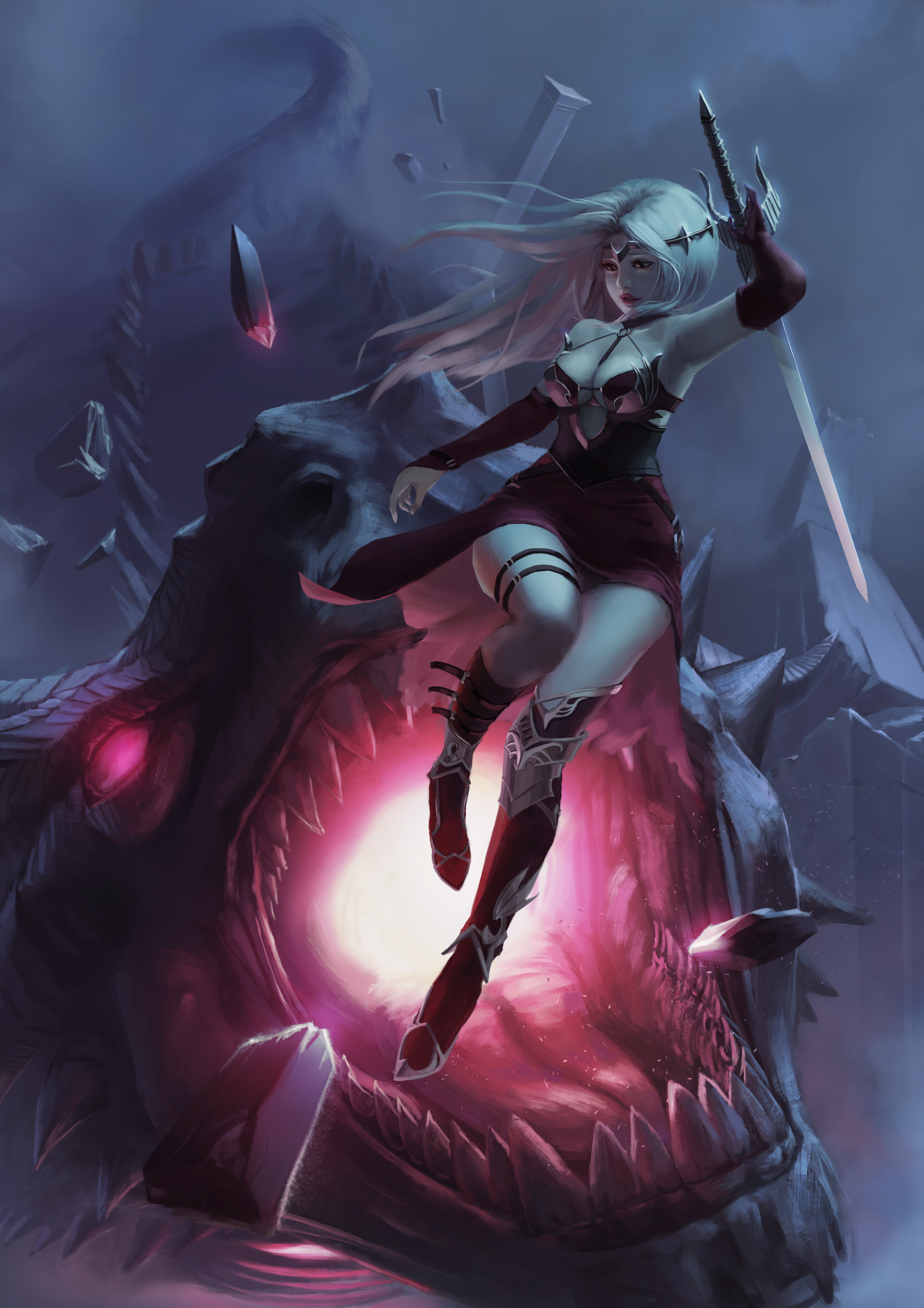 General 1920x2716 Allen Hsieh drawing women long hair silver hair weapon sword creature glowing eyes dress armor cleavage thigh strap thigh-highs mouth fangs fighting tiaras