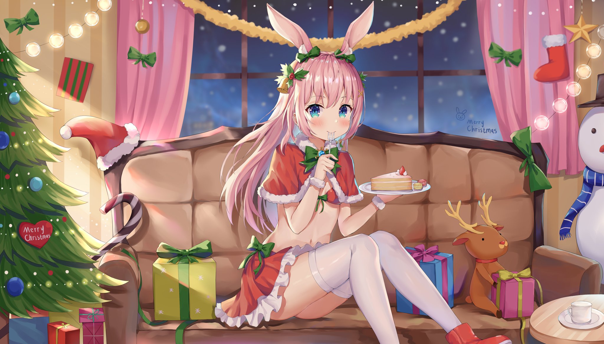 Anime 2048x1167 anime anime girls digital art artwork 2D portrait Christmas anime girls eating blue eyes animal ears pink hair bunny girl Santa girl thigh-highs Hokori Sakuni