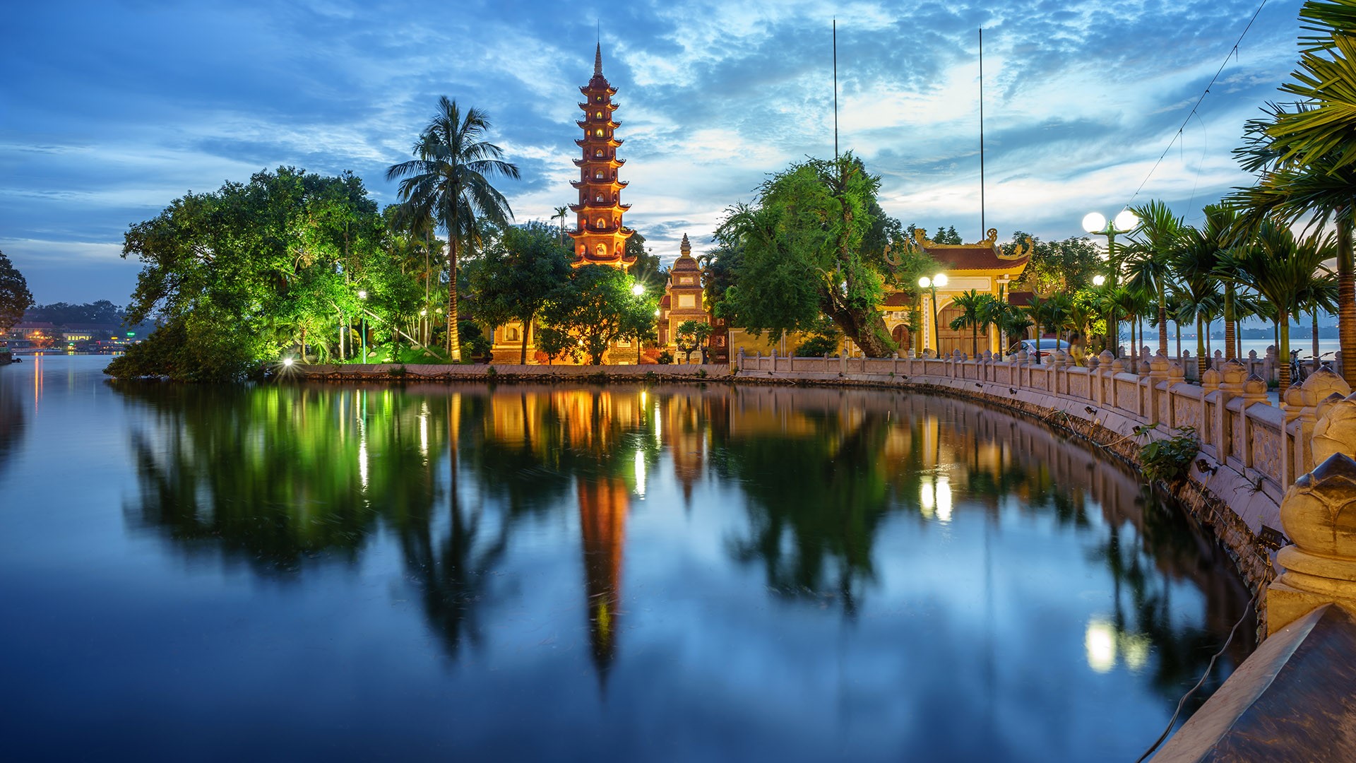 General 1920x1080 sky trees lights lake temple Vietnam Hanoi clouds Asian architecture reflection tower