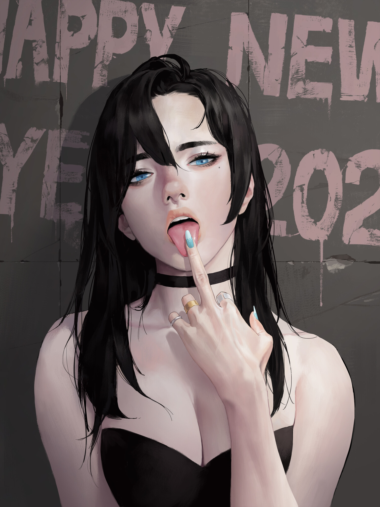 General 1500x2000 portrait display drawing original characters cleavage blue eyes black hair middle finger finger in mouth