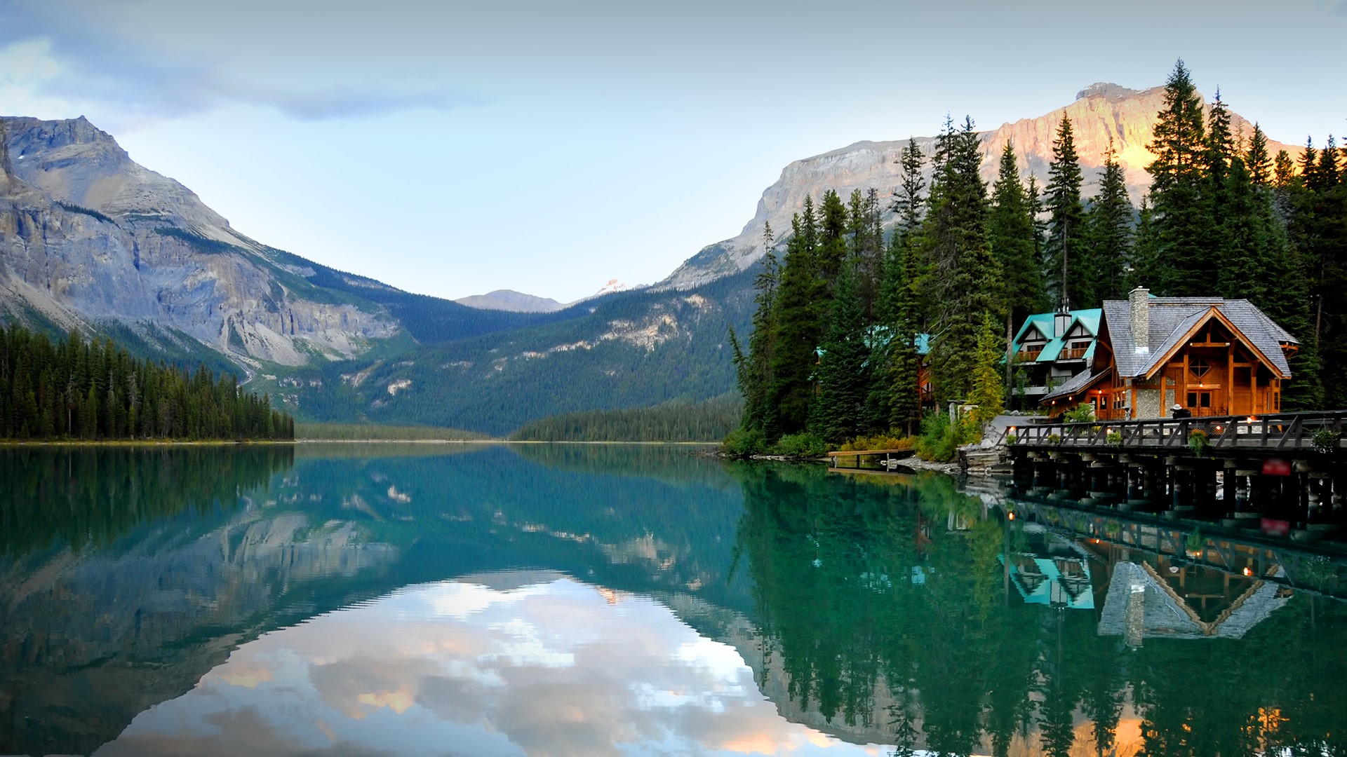 General 1920x1080 reflection landscape nature lake house trees mountains sky Canada British Columbia Yoho National Park Emerald Lake British Columbia