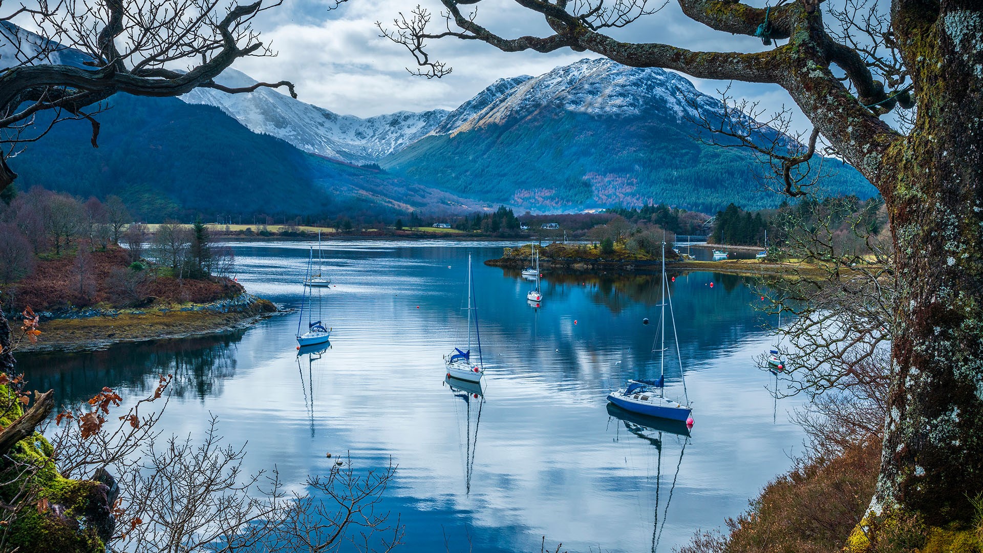 General 1920x1080 landscape nature sailboats lake mountains reflection Scotland fall snow forest house UK Loch Leven