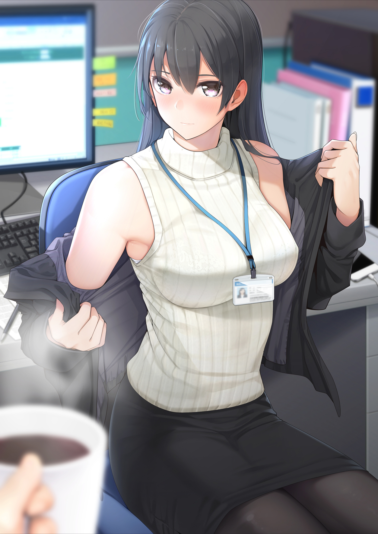 Anime 1253x1771 anime looking at viewer office girl blushing skirt coffee long hair keyboards monitor books