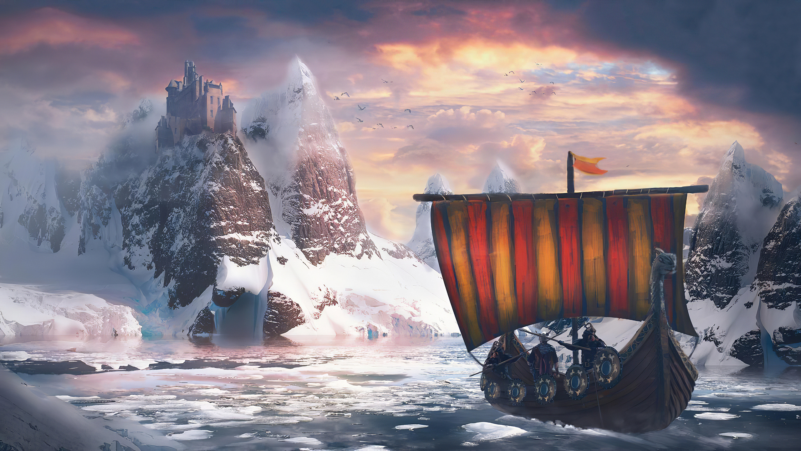 General 2560x1440 digital art Drakkar Vikings castle snow cold ice water rocks mountains