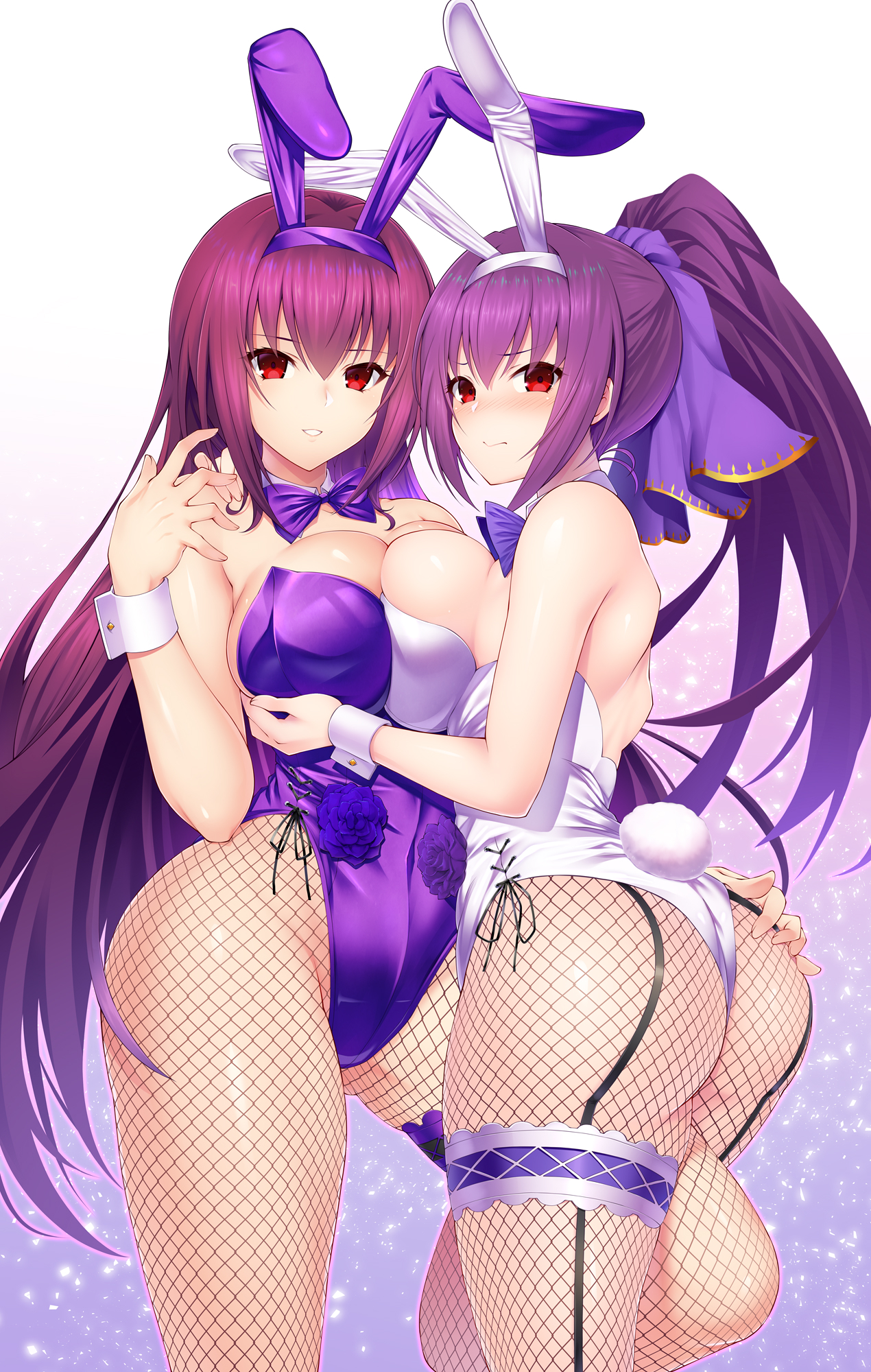 Anime 1270x2000 anime anime girls red eyes ass fishnet pantyhose Scathach Fate/Grand Order Emanon 123 Fate series bunny suit boobs on boobs big boobs purple hair long hair ponytail blushing Scathach Skadi