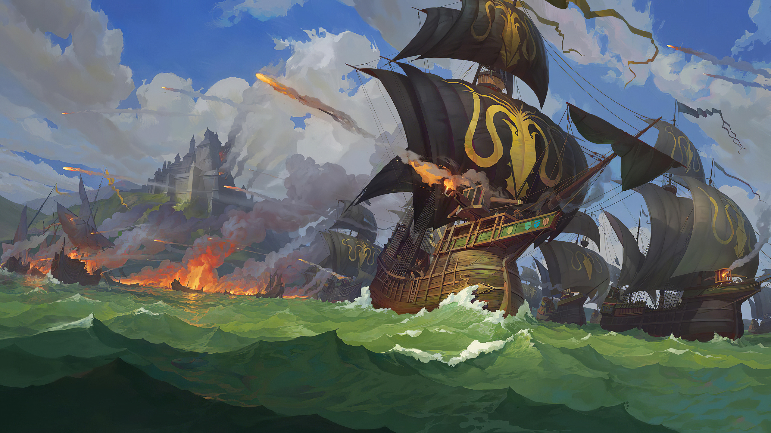 General 2560x1440 digital art fantasy art water sea fleet ship battle daylight sailing A Song of Ice and Fire House Greyjoy