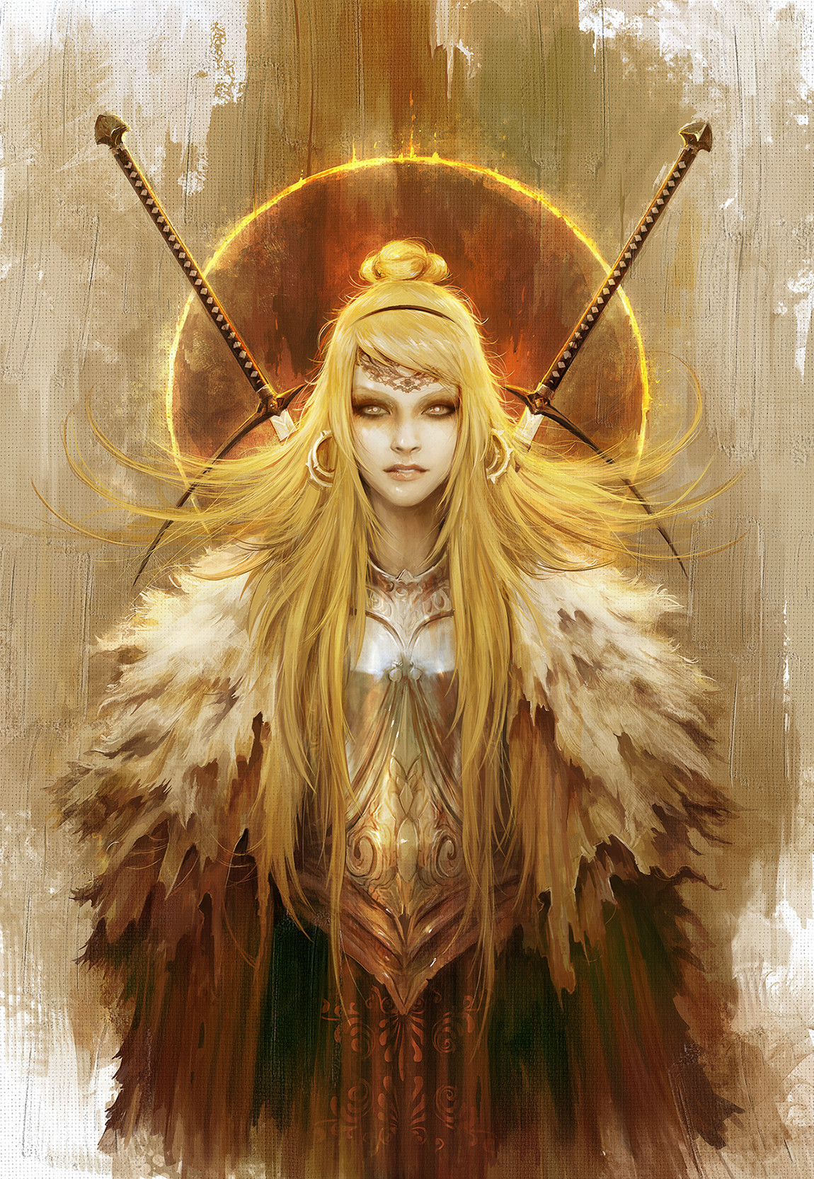 General 1150x1665 Alexandre Chaudret women armor clothes sword long hair tie yellow painting moonlight