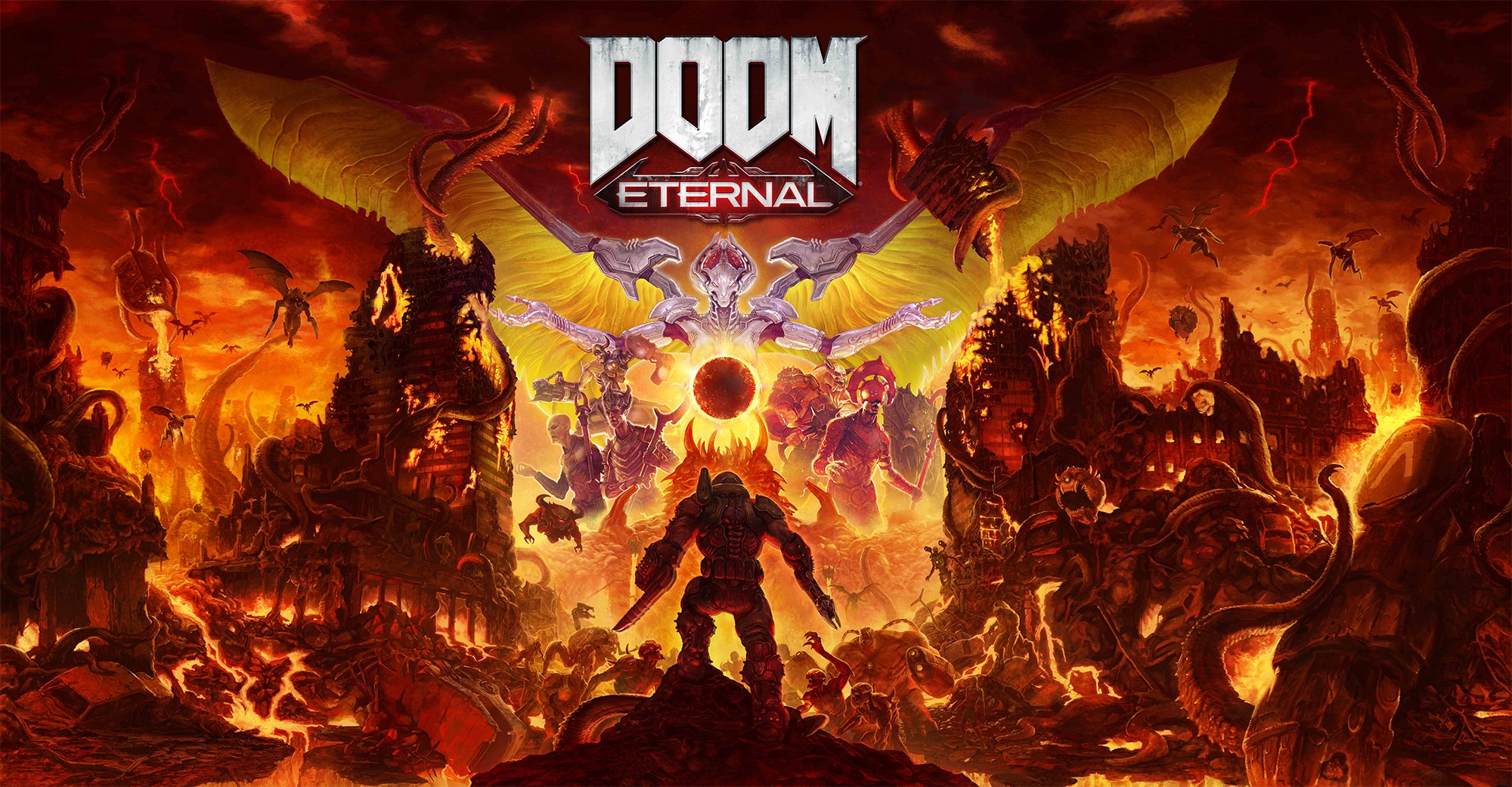 General 2000x1041 Doom (game) DOOM Eternal Doom slayer fantasy armor fantasy weapon demon hell digital art video game art first-person shooter Heaven and Hell