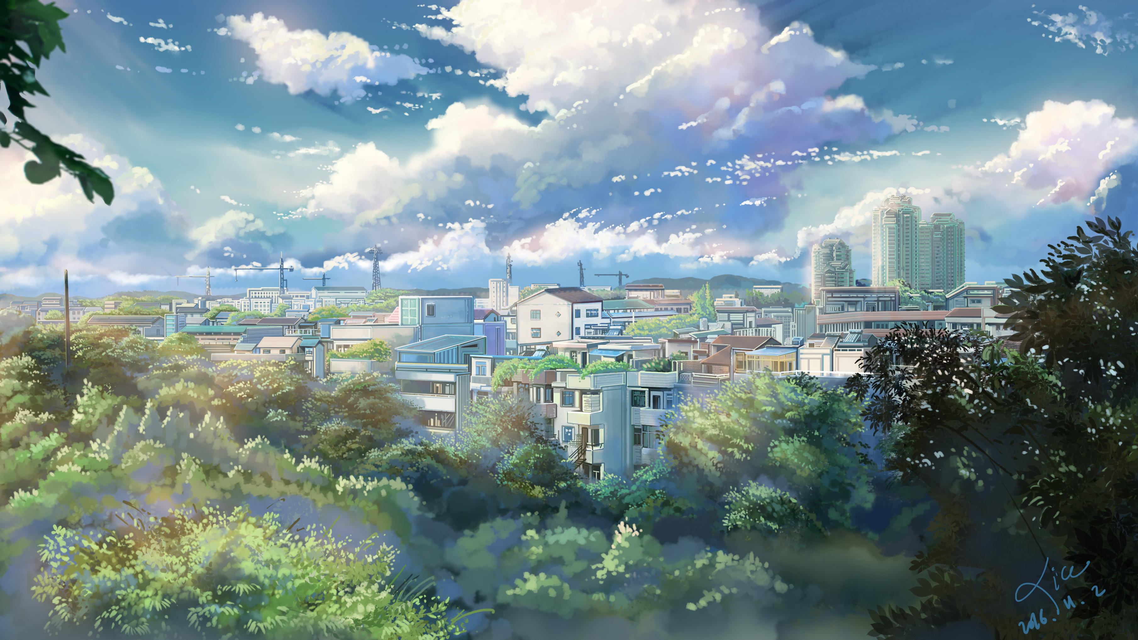 Anime 3619x2035 landscape anime cityscape outdoors sky clouds trees 2016 (Year)