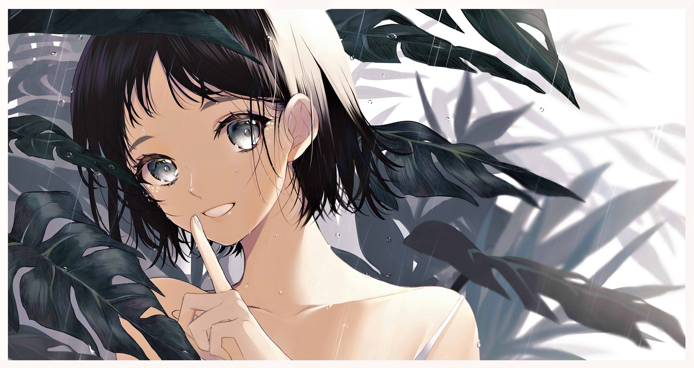 Anime 2423x1286 anime anime girls digital art artwork 2D portrait Sogawa black hair short hair gray eyes smiling wet rain