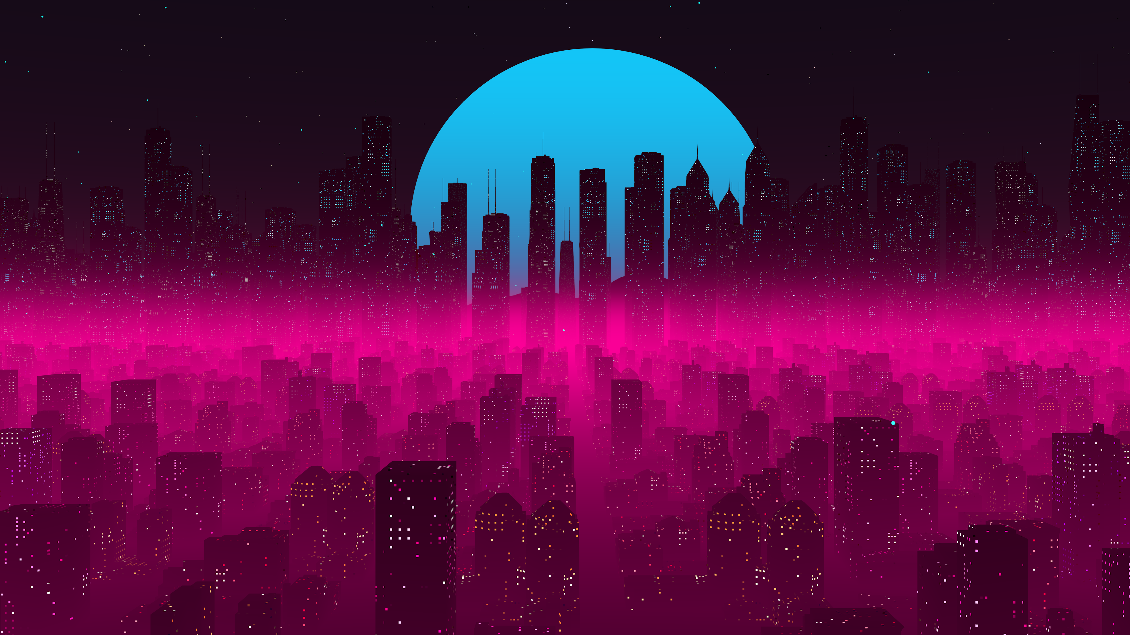 General 3840x2160 vaporwave synthwave cyberpunk Synth city cityscape cinematic CGI digital art retro style sun rays building skyscape skyscraper pink