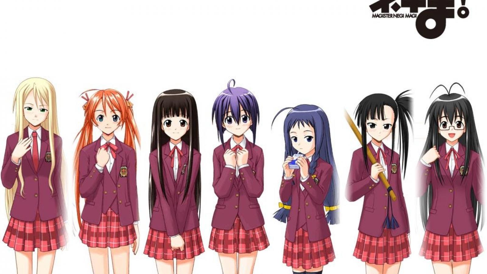 Anime 1600x900 Mahou Sensei Negima schoolgirl anime girls miniskirt simple background anime