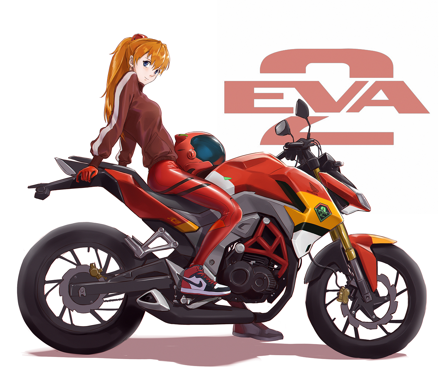 Anime 1502x1288 Neon Genesis Evangelion anime girls motorcycle women with motorcycles plugsuit bodysuit thighs red jackets twintails long hair redhead EVA Unit 02 Asuka Langley Soryu 2D smiling looking at viewer simple background blue eyes blushing fan art anime