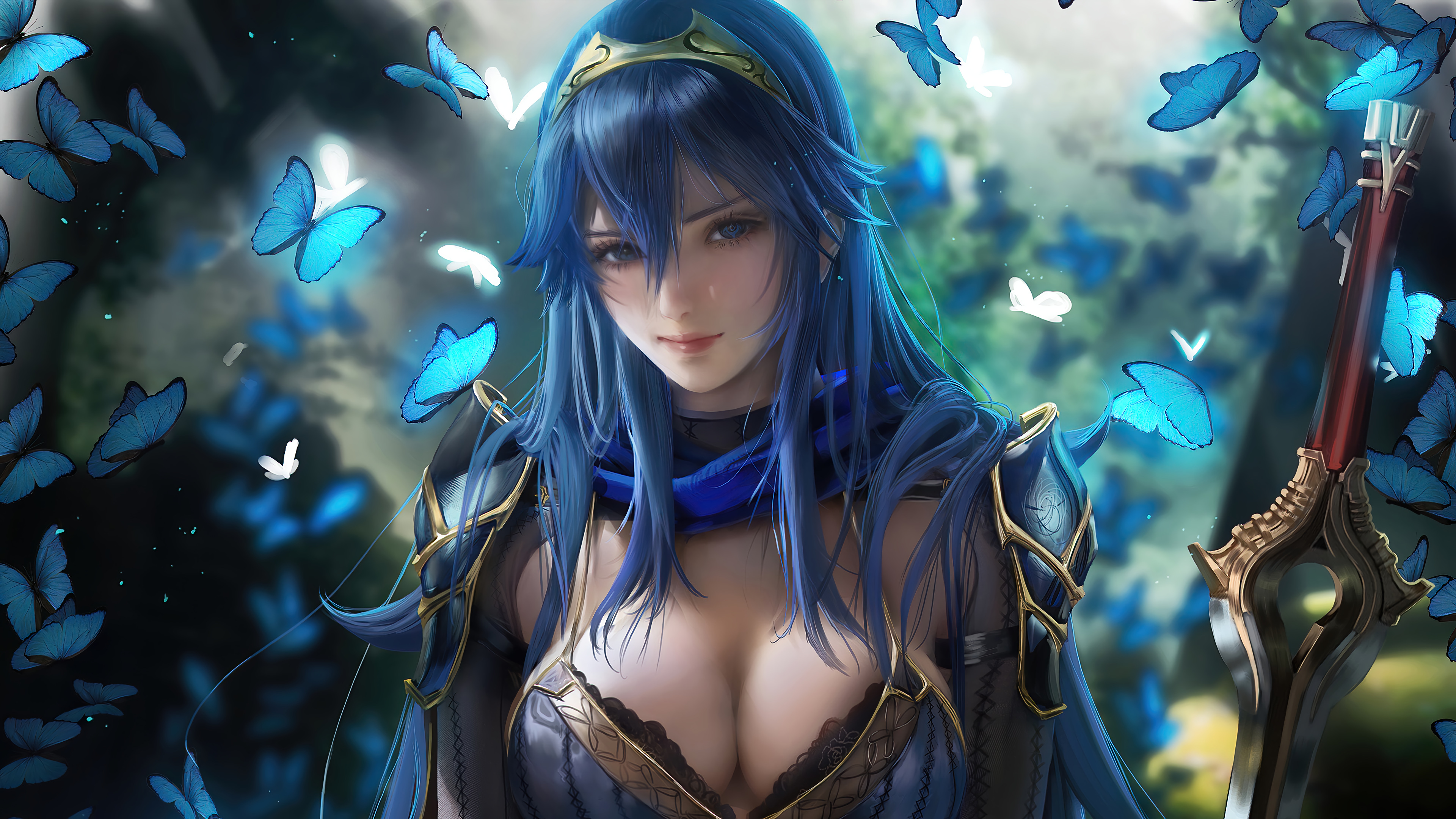 Anime 3840x2160 video game characters video game girls fantasy girl sword cleavage blue eyes blue hair Sakimichan Fire Emblem Lucina butterfly