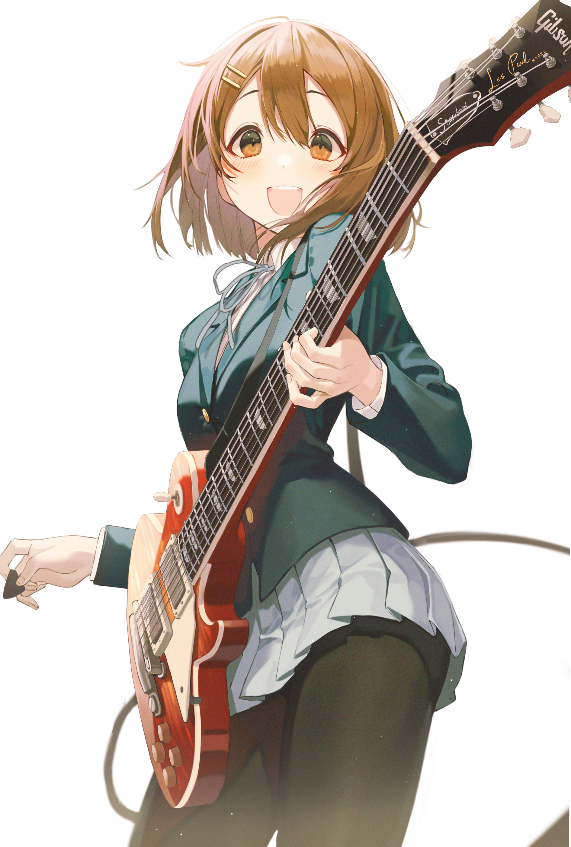 Anime 1891x2807 K-ON! thighs thick thigh pantyhose anime girls electric electric guitar school uniform JK low-angle short hair Hirasawa Yui 2D brunette smiling open mouth musical instrument curvy blushing looking at viewer miniskirt brown eyes simple background portrait display Pro-p fan art anime