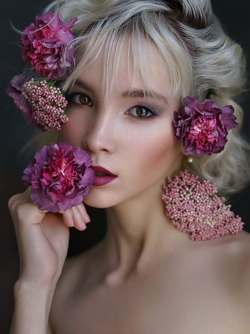 People 960x1280 Alexey Kazantsev women blonde flower in hair makeup eyeliner eyeshadow lipstick portrait looking at viewer blushing flowers