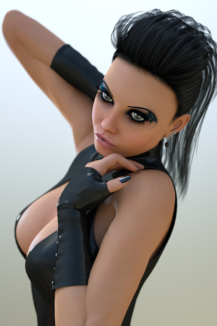 General 900x1350 RGUS CGI women dark hair makeup painted nails cleavage black clothing gloves simple background