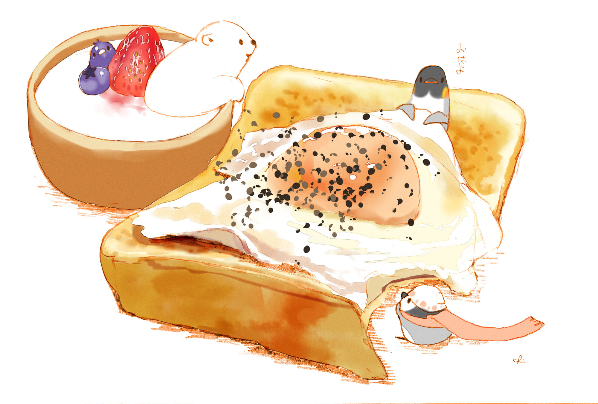 Anime 2000x1354 original characters Drawingchisanne simple background food digital art polar bears penguins toasts eggs