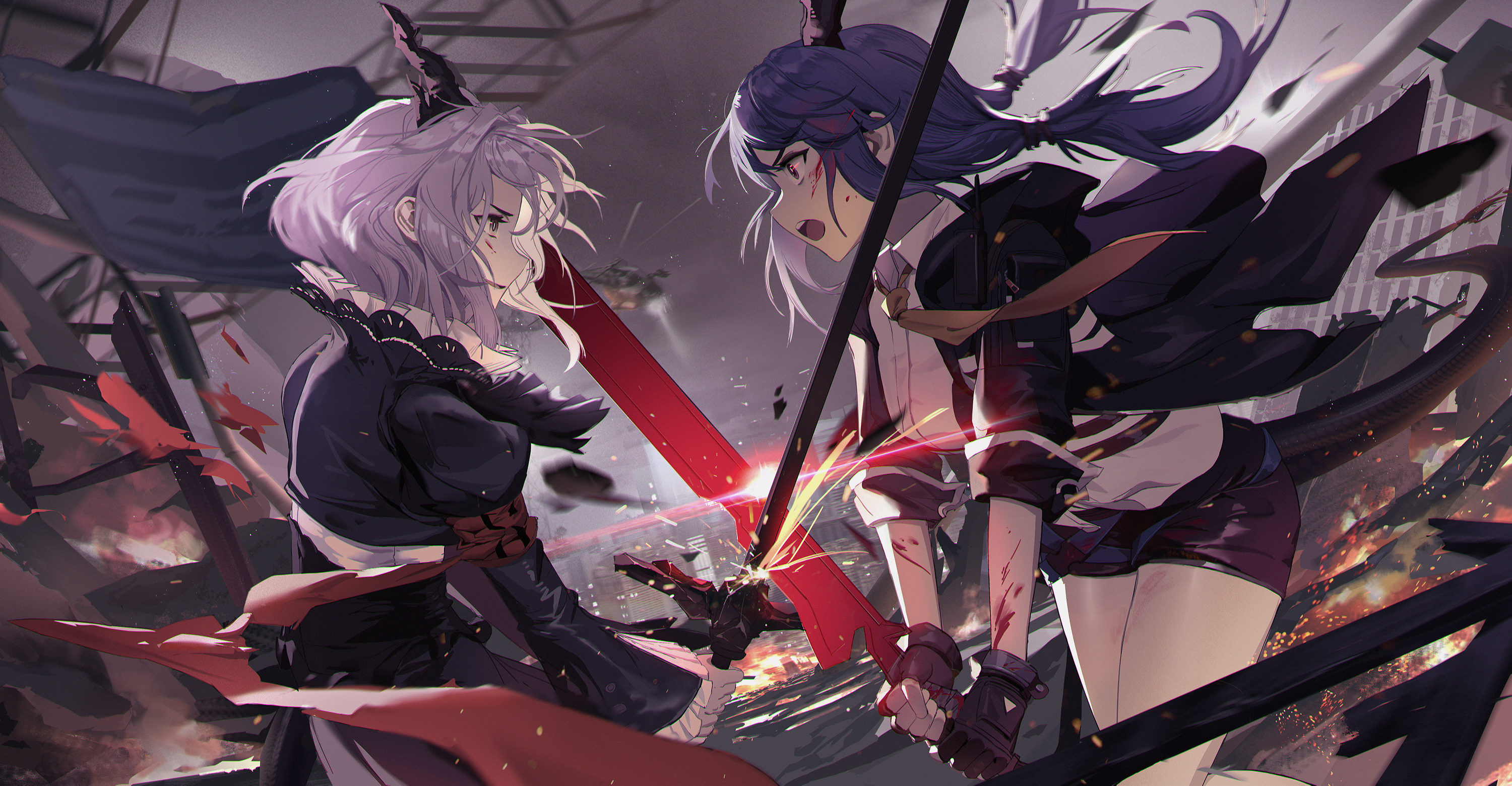 Anime 3000x1561 Arknights video games Talulah(Arknights) Chen (Arknights) horns sword tail