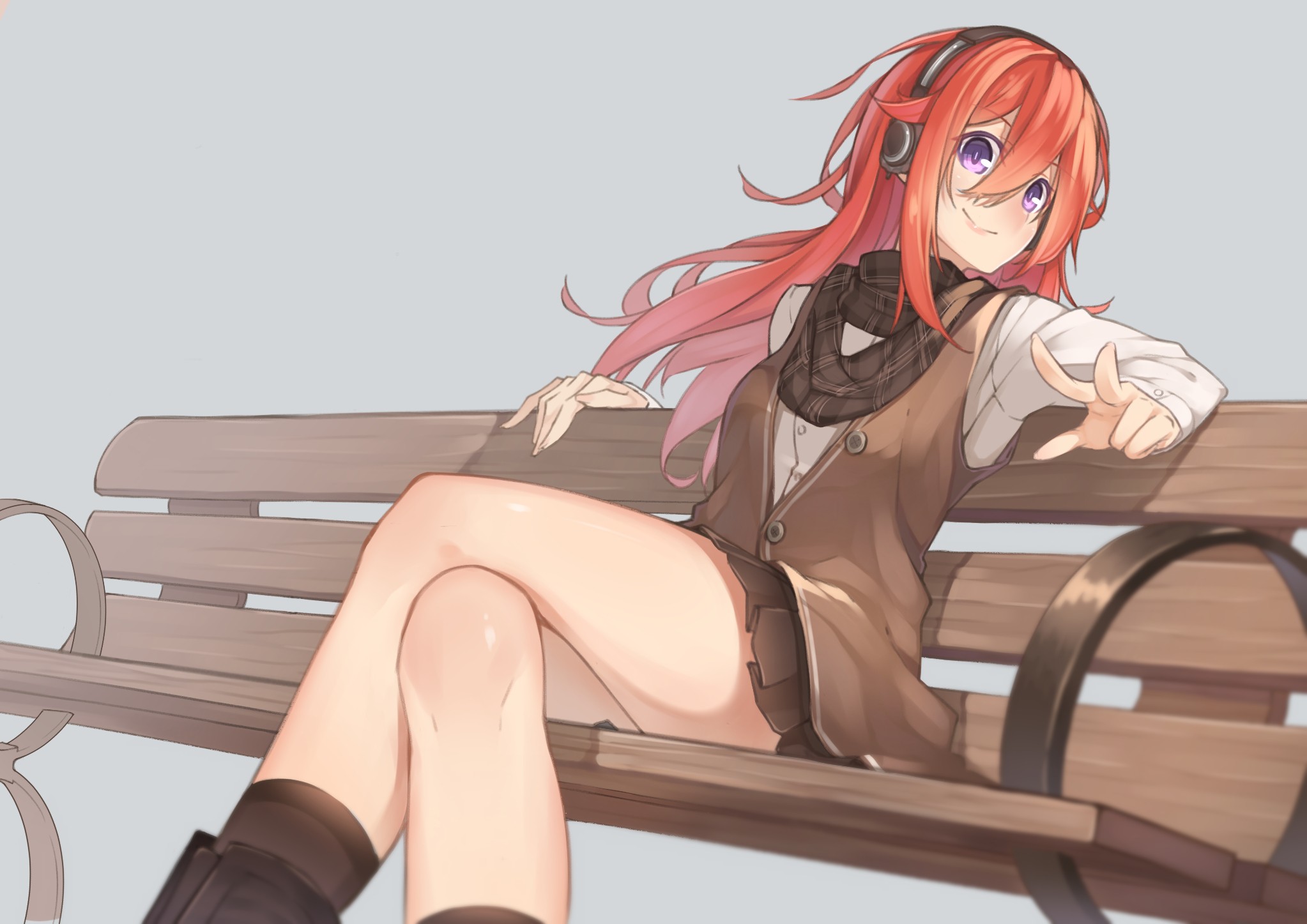 Anime 2046x1447 Akame ga Kill! Chelsea bench simple background headphones redhead scarf blushing purple eyes