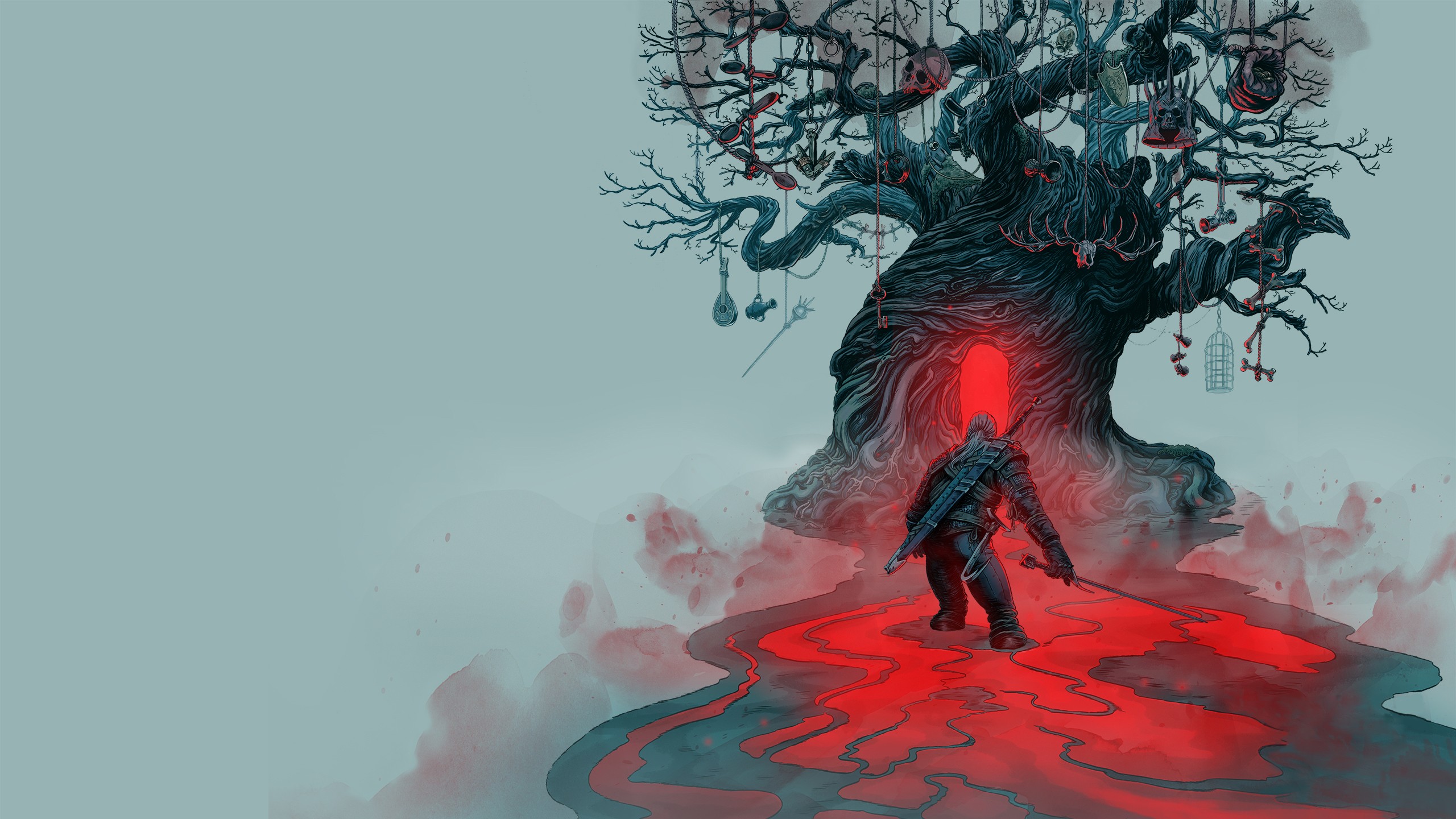 General 2560x1440 digital art video games The Witcher 3: Wild Hunt trees skull ropes sword Geralt of Rivia The Witcher spoon keys bones red video game art PC gaming fantasy art simple background