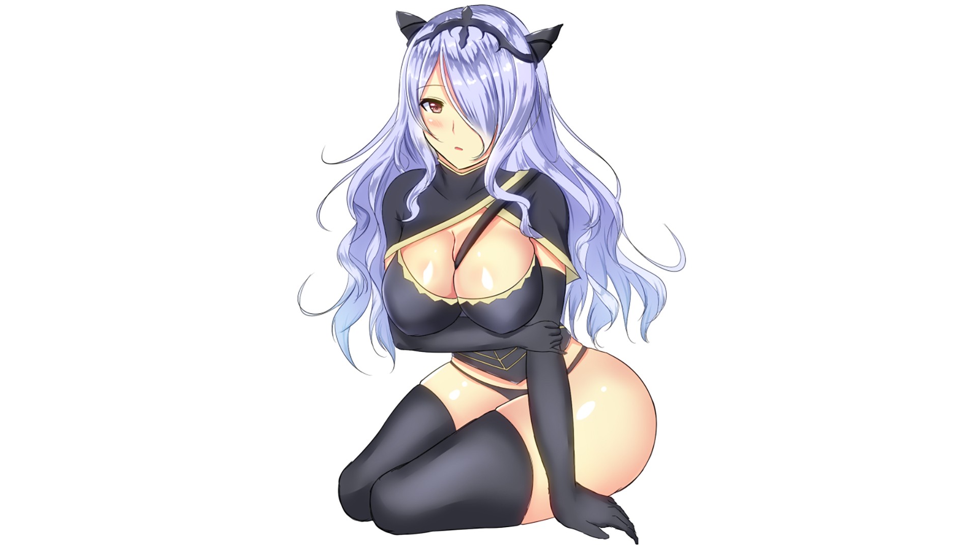 Anime 1920x1080 Camilla (Fire Emblem) looking at viewer big boobs Fire Emblem boobs huge breasts anime women hair over one eye purple hair long hair curvy white background simple background fan art video games video game girls stockings black stockings