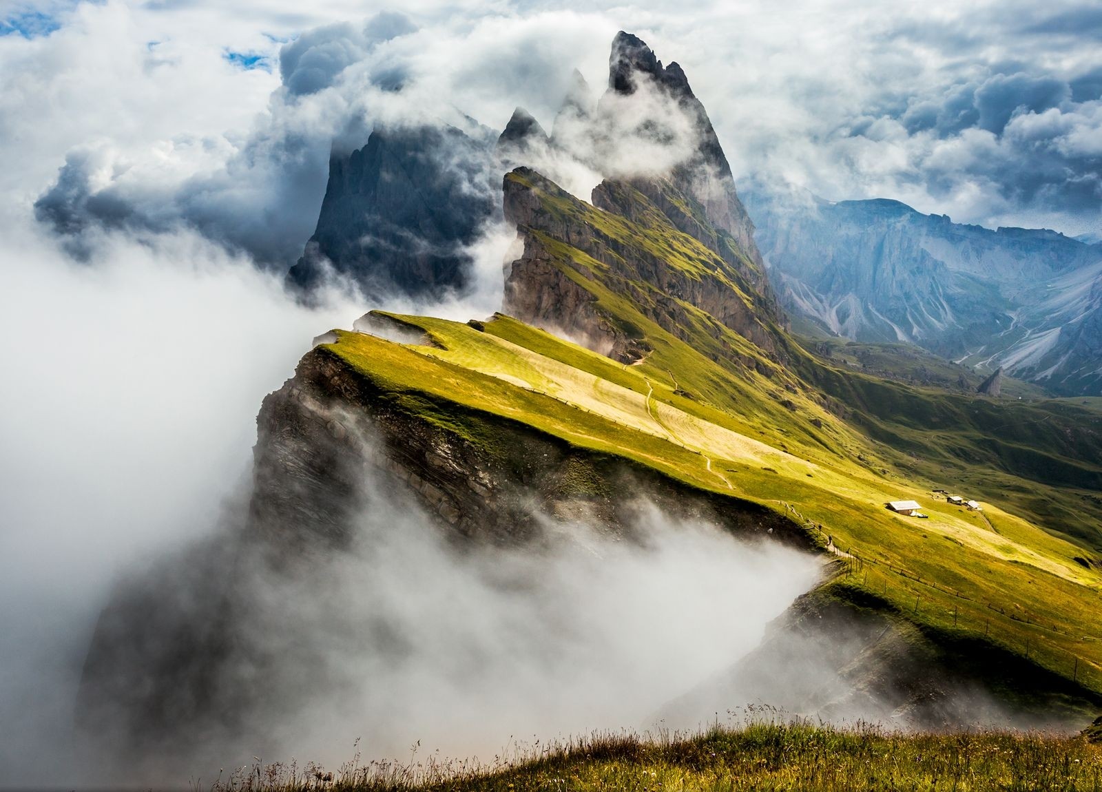 General 1600x1150 nature photography landscape mountains clouds grass cabin summit Alps Seiser Alm Italy Dolomites
