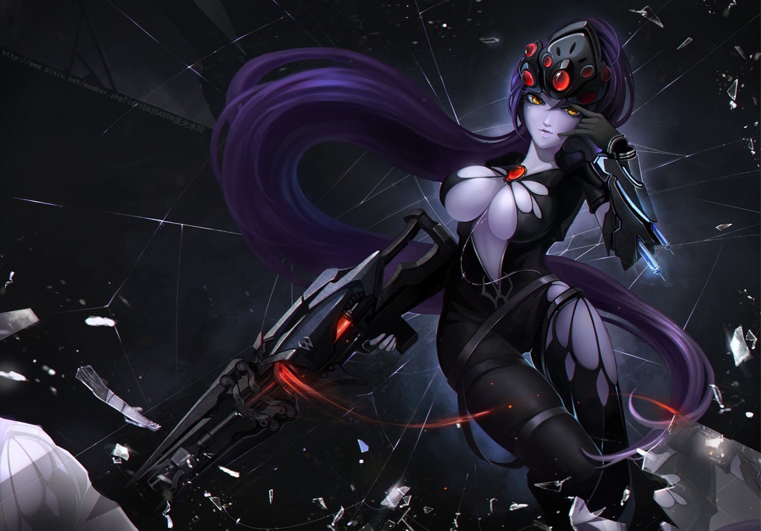Anime 1543x1078 anime anime girls Overwatch Widowmaker (Overwatch) sniper rifle gun weapon open shirt bodysuit long hair yellow eyes metal horns Pixiv boobs big boobs huge breasts girls with guns video game girls video game characters PC gaming curvy