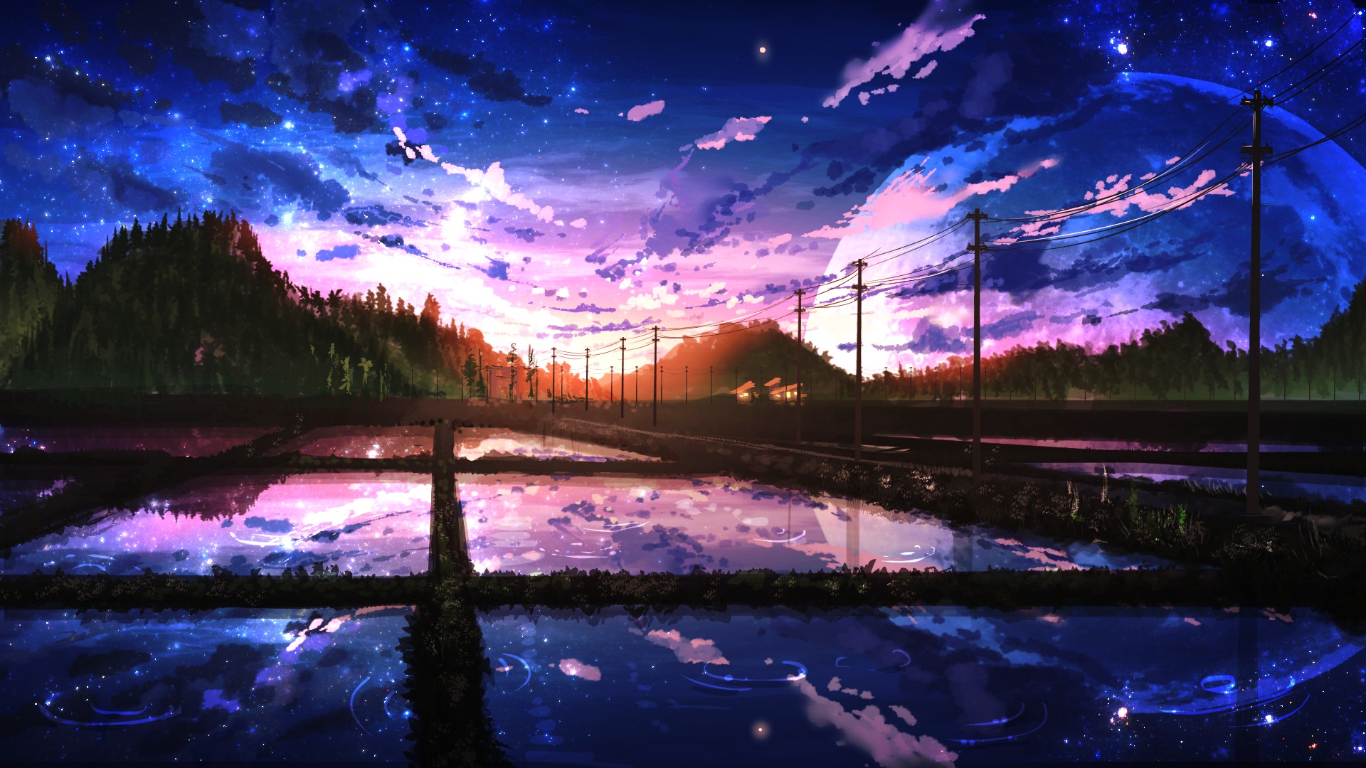 General 1920x1080 digital art landscape sunlight trees building clouds forest Moon night Nobody reflection sunset water anime
