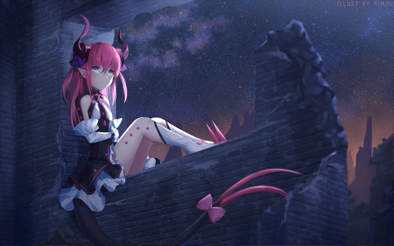 Anime 1280x800 boots dress Fate/Extra Fate series small boobs gray eyes horns night pink hair pointy ears space watermarked sky rimuu elizabeth bathory (fate) anime girls tail fantasy art fantasy girl ruins women sitting anime