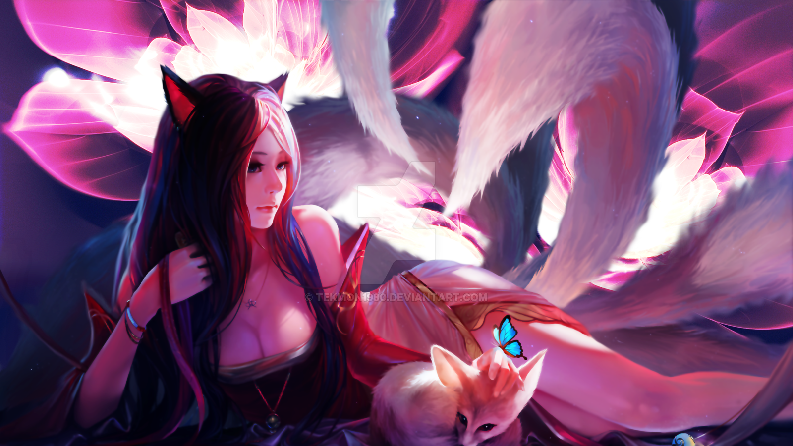 General 1600x900 League of Legends women Ahri (League of Legends) cleavage fox girl digital art watermarked tekmon1980 animals video game girls fox ears video game characters necklace fox tail closed mouth bracelets lying down lying on side