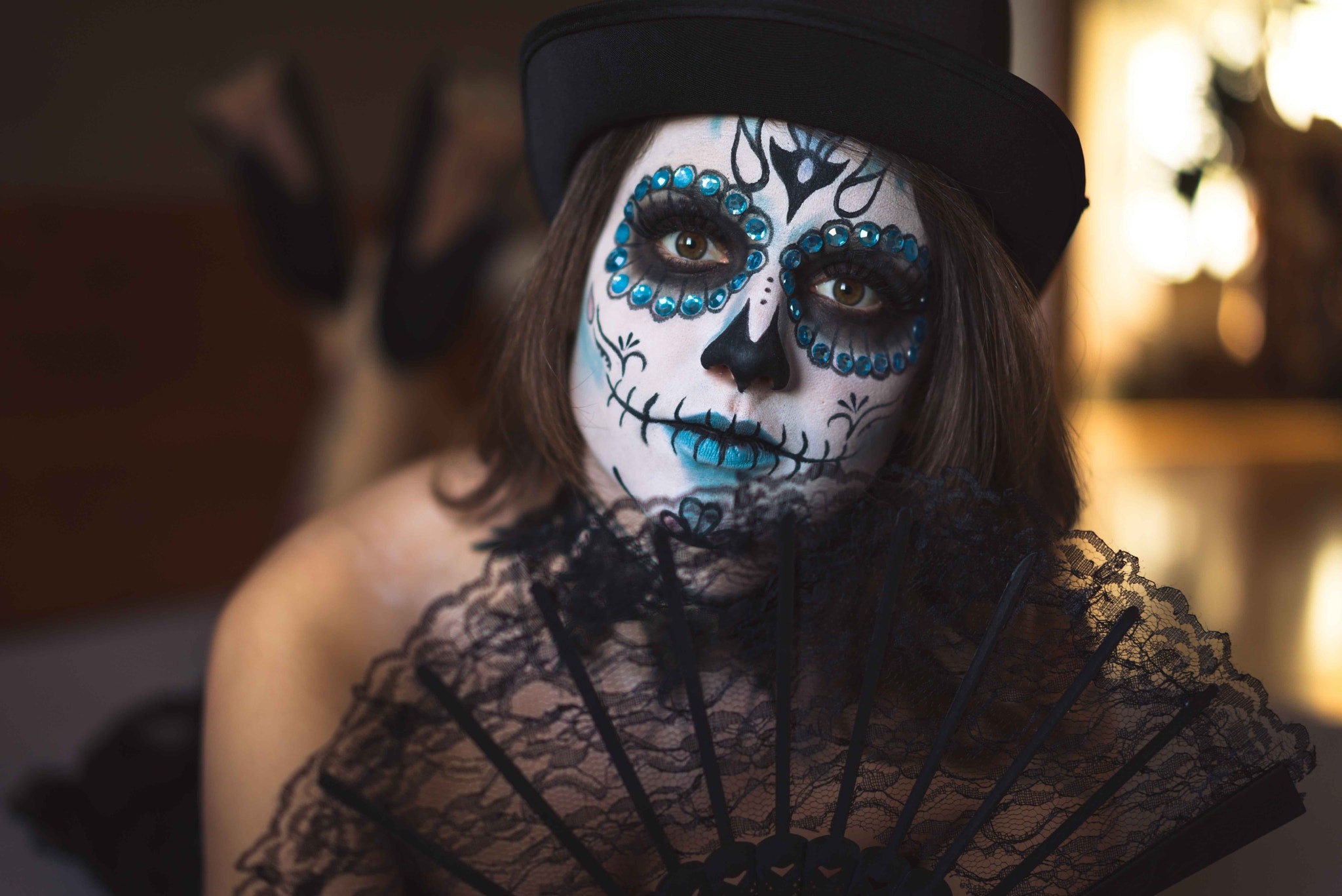 People 2048x1367 face Dia de los Muertos makeup model women Sugar Skull face paint brunette