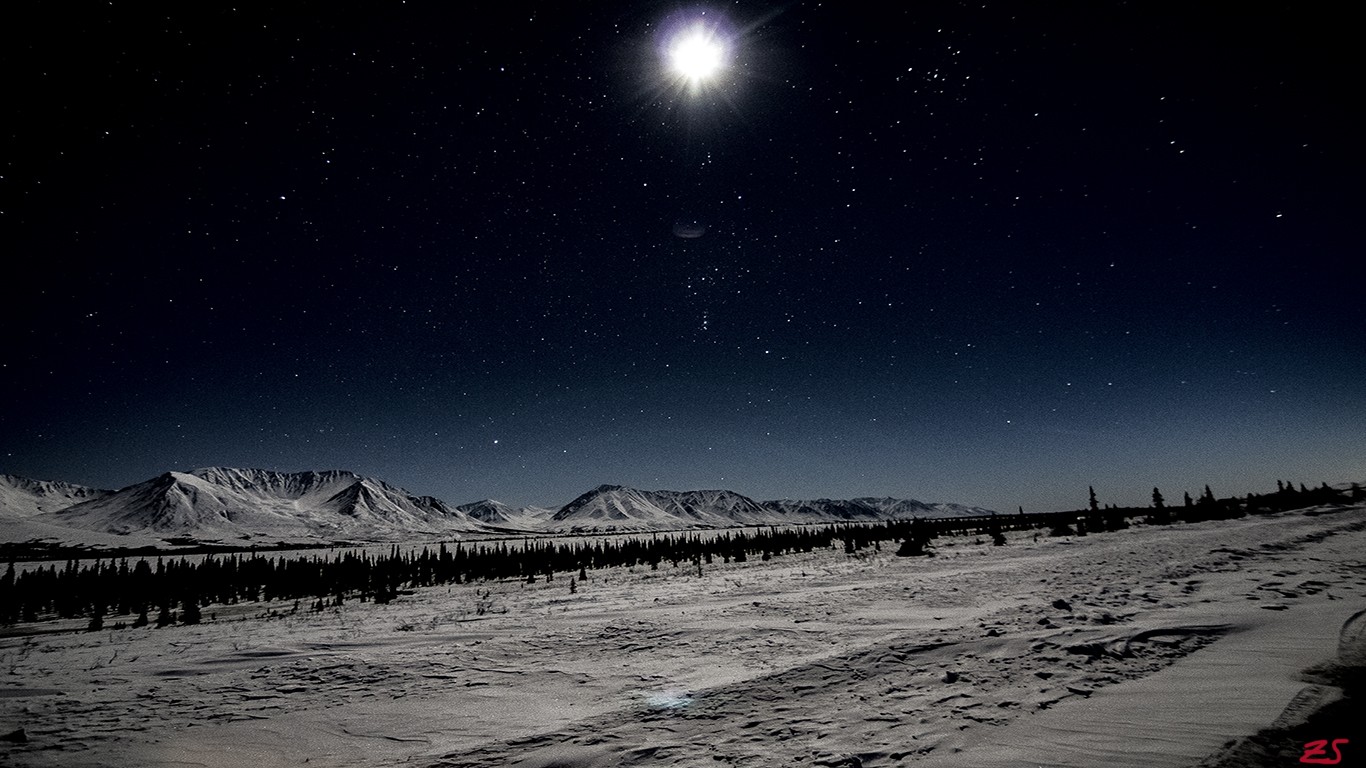 General 1366x768 landscape stars mountains snow Moon photography