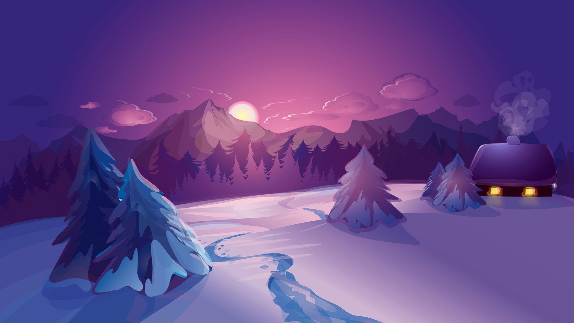 General 1920x1080 nature landscape digital art mountains clouds winter house snow sunset forest calm pink