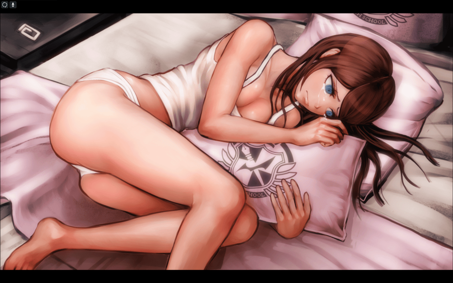 Anime 1920x1200 Danganronpa crying in bed Aoi Asahina anime ass underwear sad tears bed pillow anime girls brunette thighs legs barefoot lying down