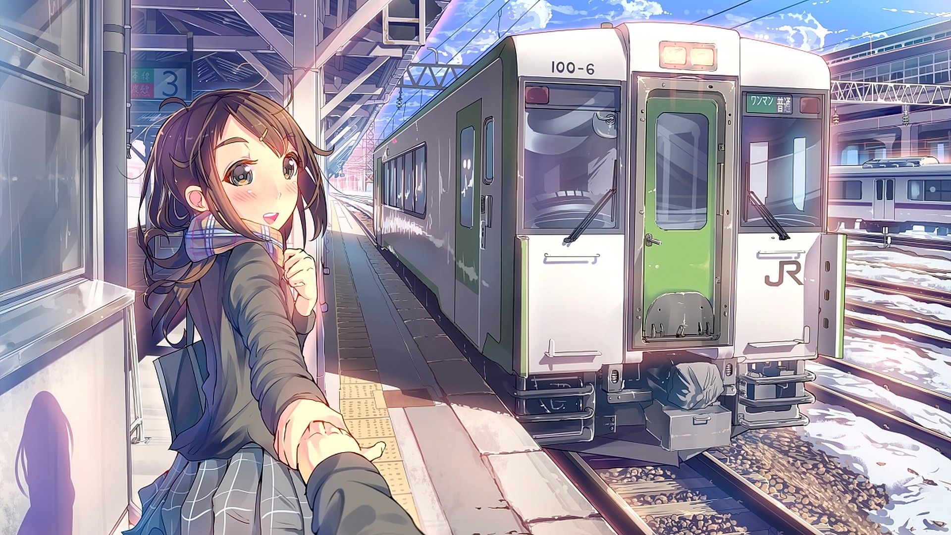 Anime 1920x1080 anime anime girls brunette gray eyes looking at viewer smiling train vehicle train station holding hands numbers urban women outdoors long hair