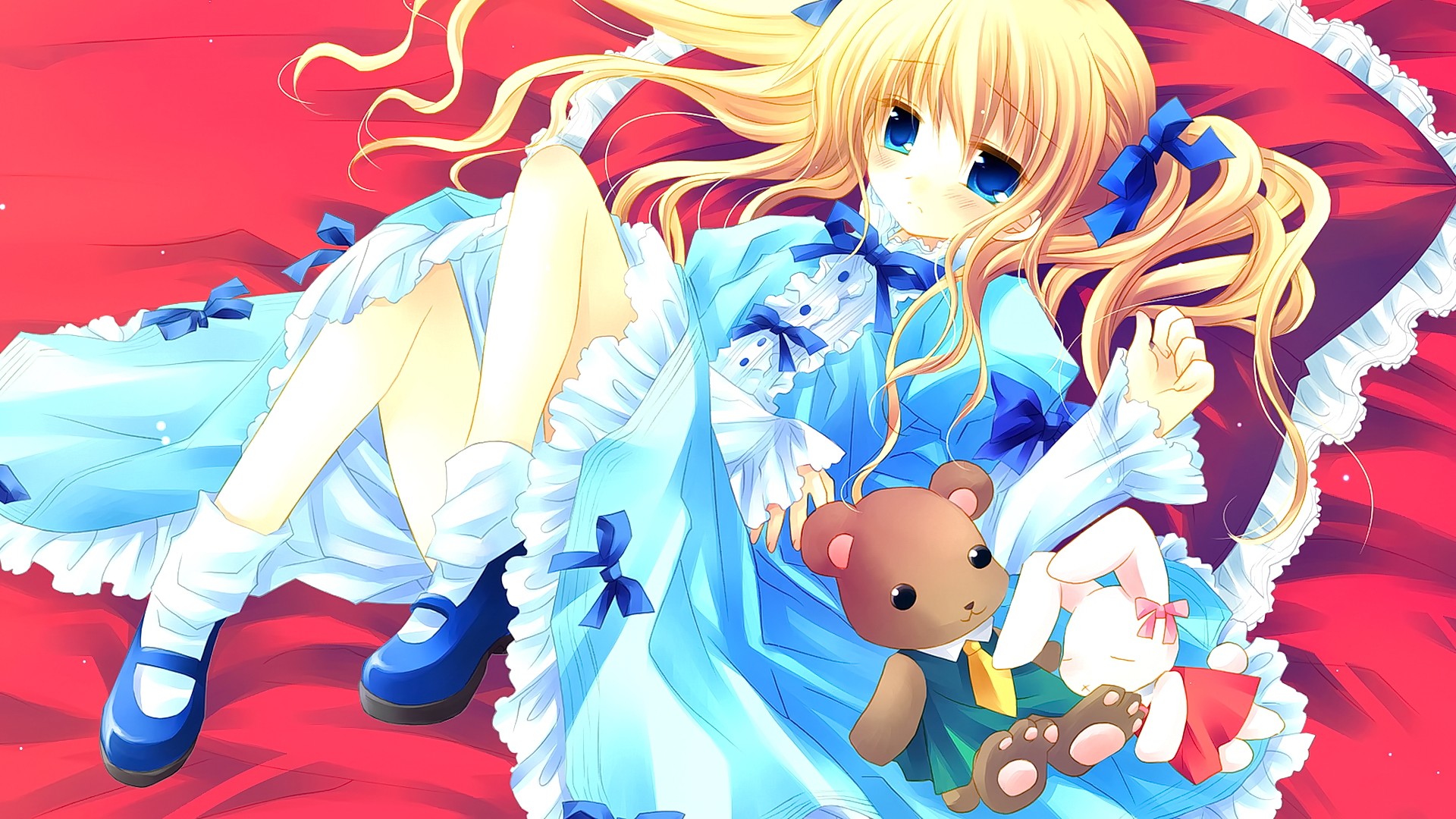 Anime 1920x1080 anime anime girls blonde blue eyes long hair sitting sadness looking at viewer original characters plush toy dress cyan dress