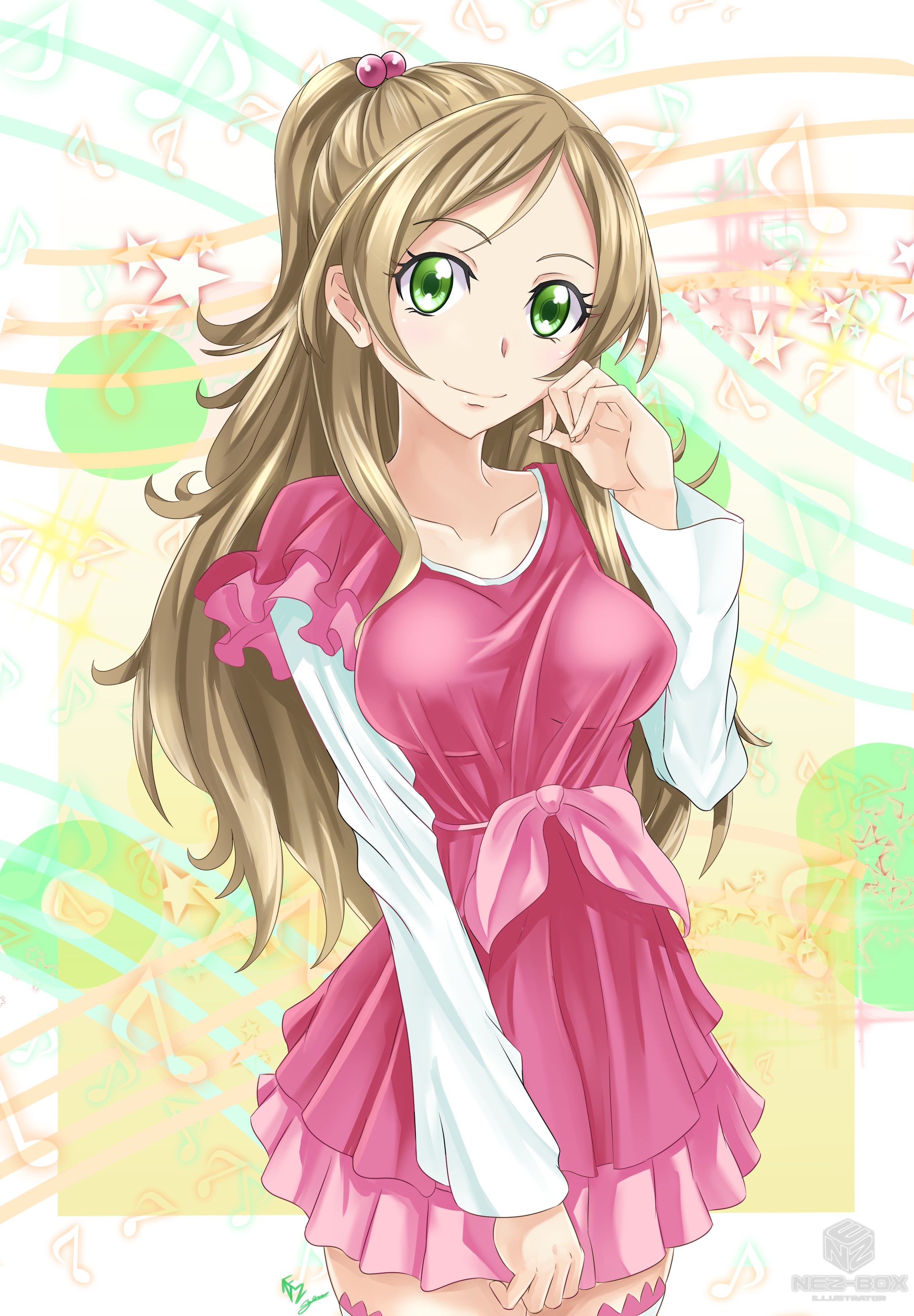Anime 2500x3600 anime anime girls Pretty Cure Minamino Kanade dress long hair Pixiv boobs pink dress green eyes brunette smiling looking at viewer standing