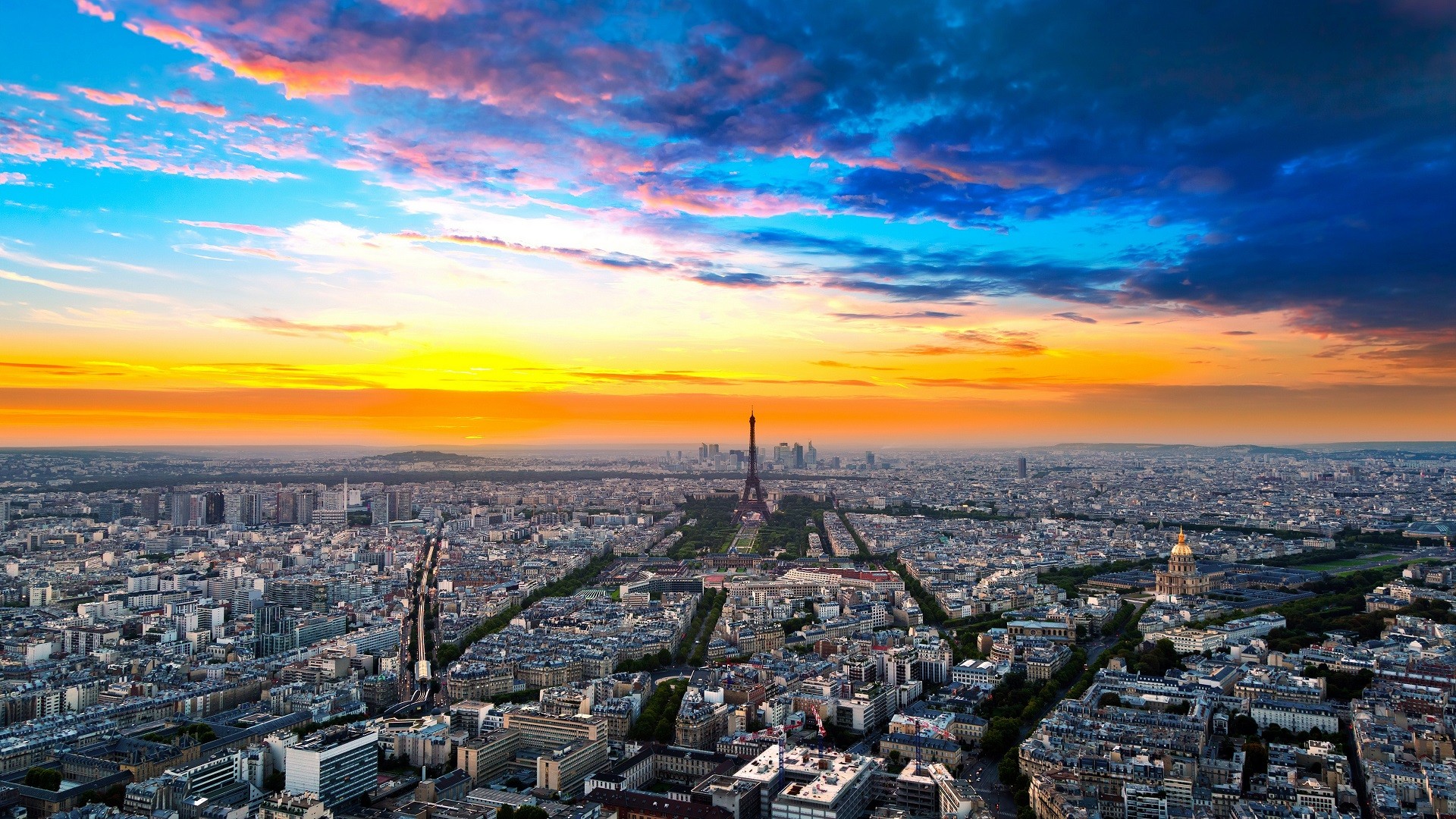 General 1920x1080 Paris France city cityscape sunset Eiffel Tower clouds sky tower top view lights Sun