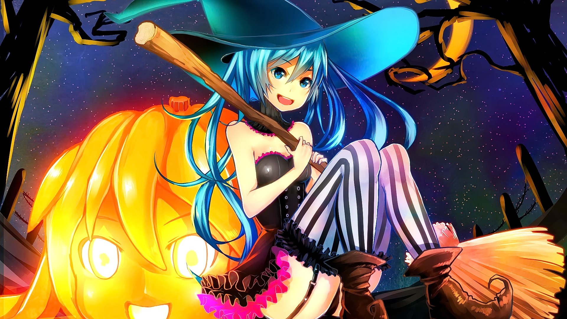 Anime 1920x1080 anime anime girls cyan hair long hair hat looking at viewer smiling witch Vocaloid Hatsune Miku Halloween witch hat stockings striped stockings open mouth broom lingerie