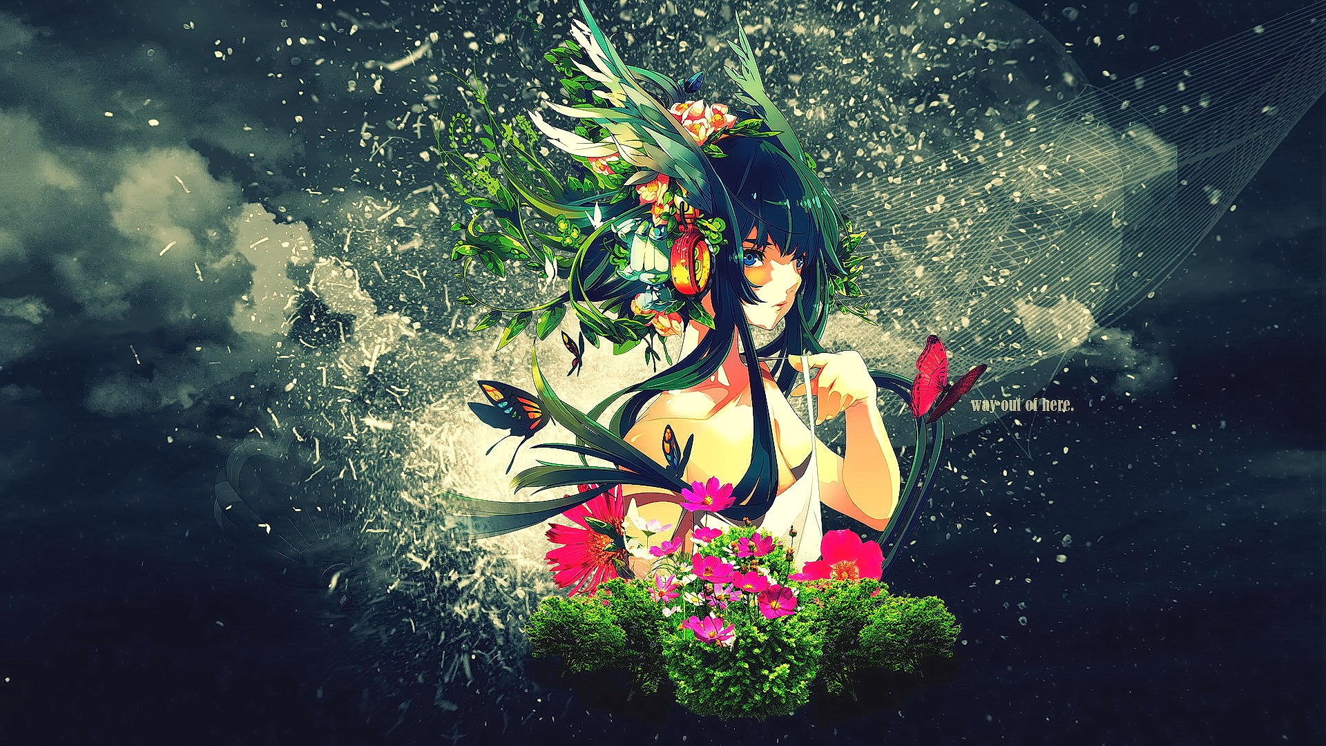 Anime 1920x1080 anime anime girls green hair long hair blue eyes looking at viewer plants original characters flowers insect animals butterfly fantasy art fantasy girl