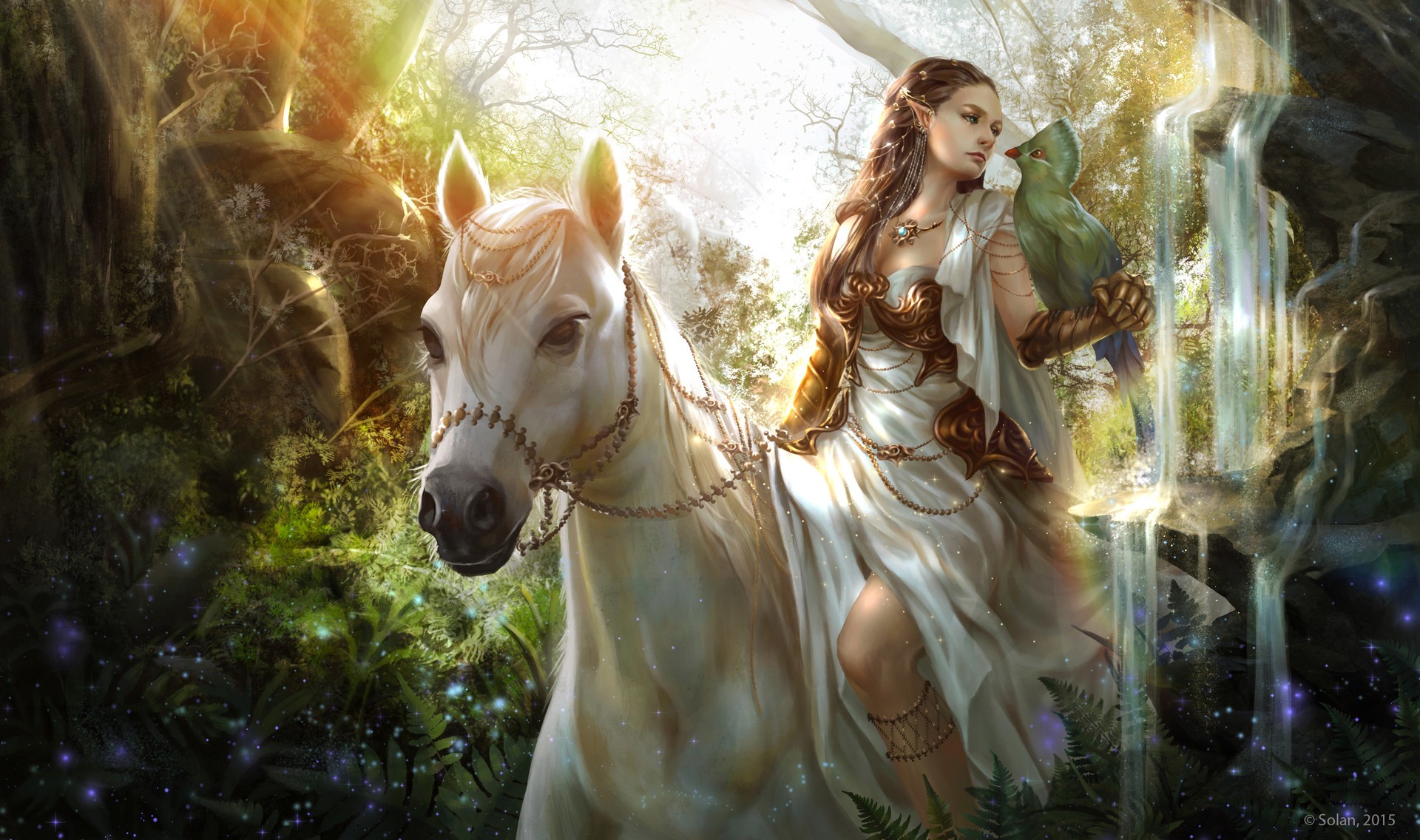 General 1920x1136 fantasy art fantasy girl 2015 (Year) horse women animals birds pointy ears sitting long hair brunette dress white dress