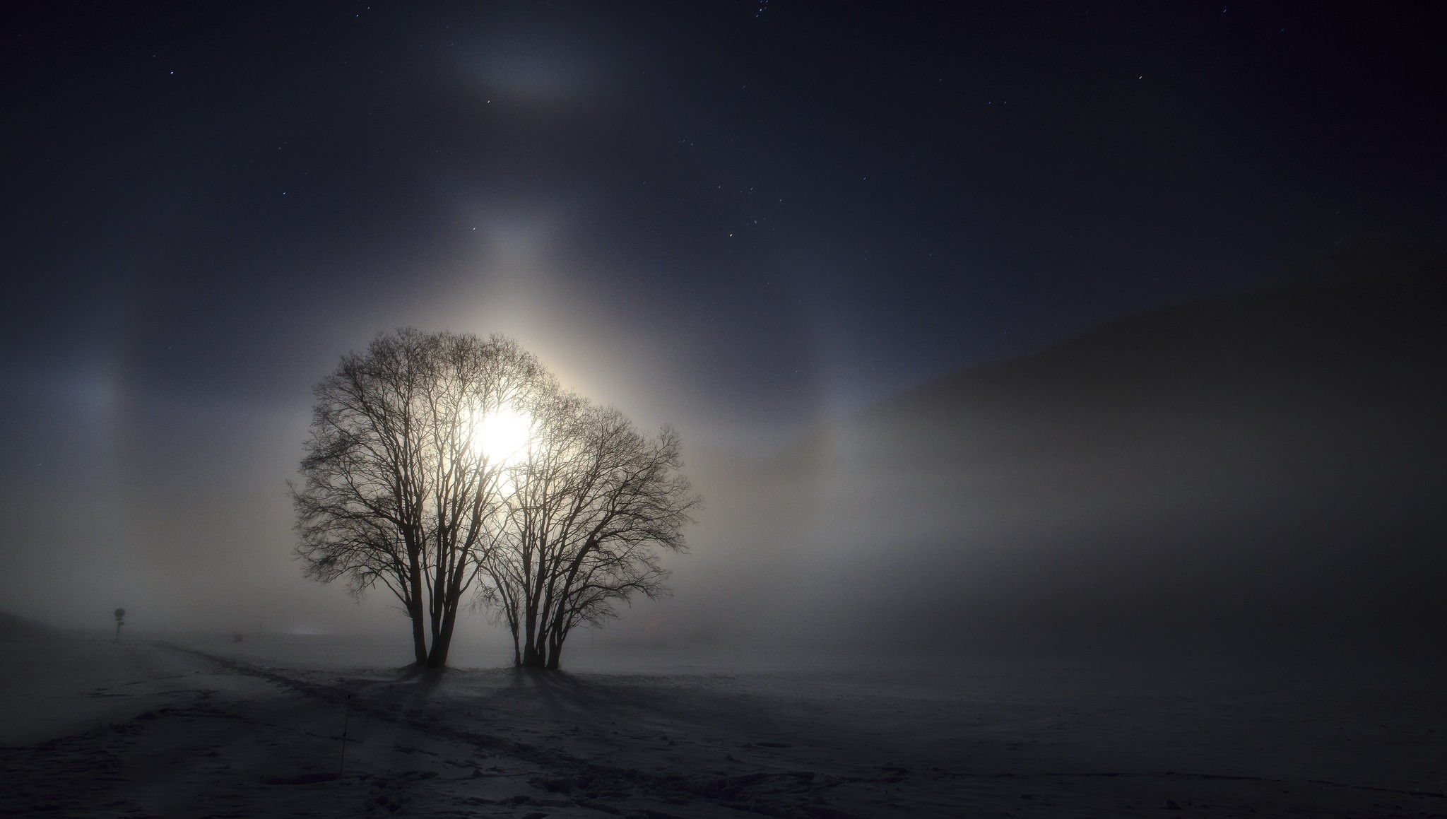 General 2048x1159 nature photography landscape moonlight circle mist starry night hills trees path atmosphere